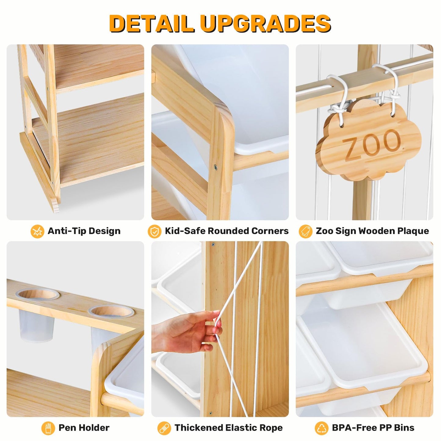 Yazzropt 65" Large Toy Storage Organizer with Bins Shelves & Stuffed Animal Storage for Kids Wood Toddler Playroom Organization with Bookshelf Toys Box Wooden Organizers for Kids Room Nursery Bedroom