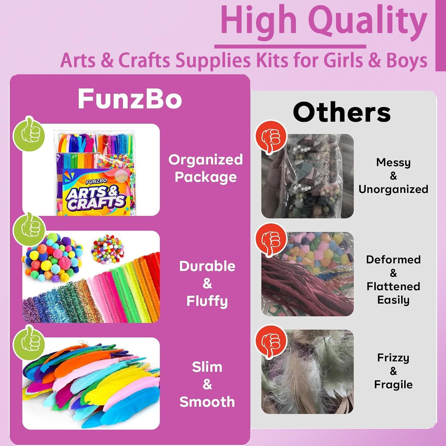 FUNZBO 1200pcs+ Craft Kits with Pipe Cleaners, Pom Poms for Crafts, Popsicle Sticks for Craft, Arts & Crafts Supplies for Kids Ages 4-8 Girls & Boys Birathday Gifts