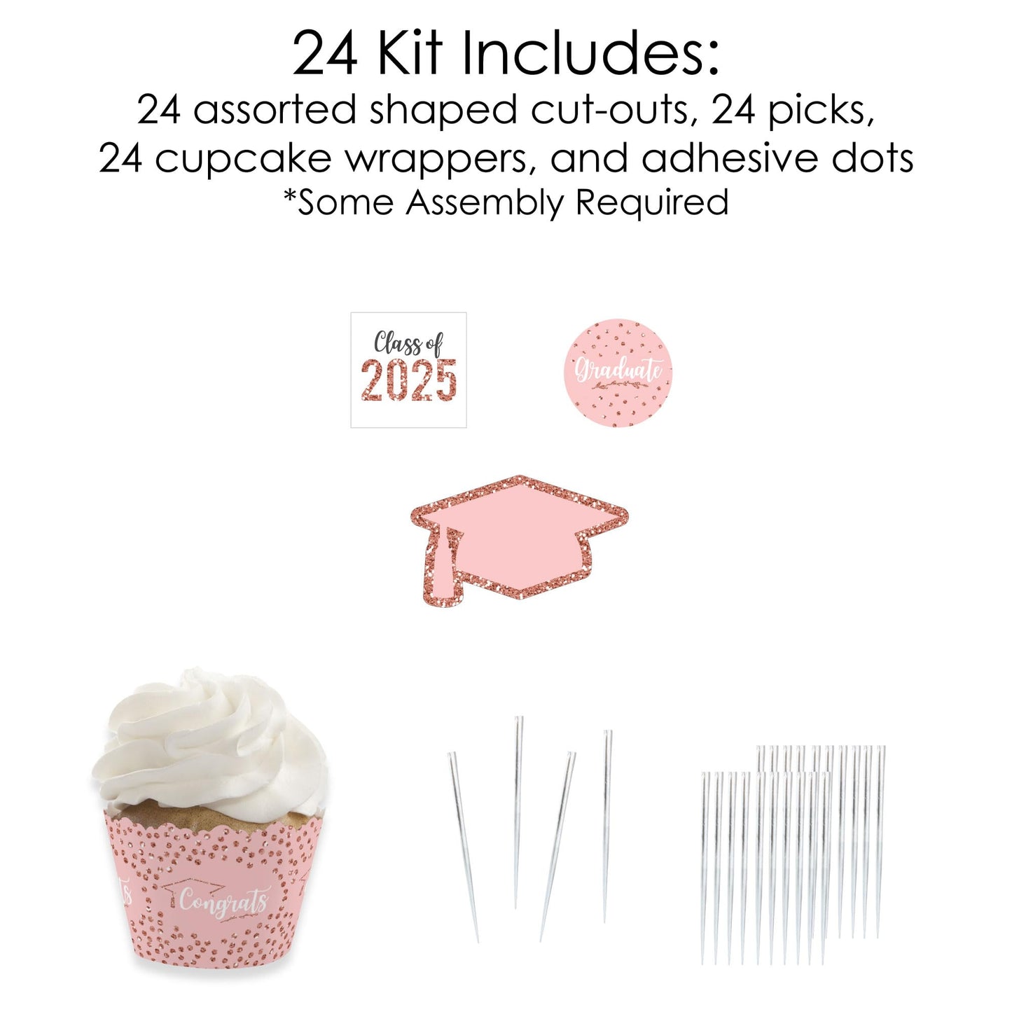 Big Dot of Happiness Rose Gold Grad - Cupcake Decoration - 2026 Graduation Party Cupcake Wrappers and Treat Picks Kit - Set of 24