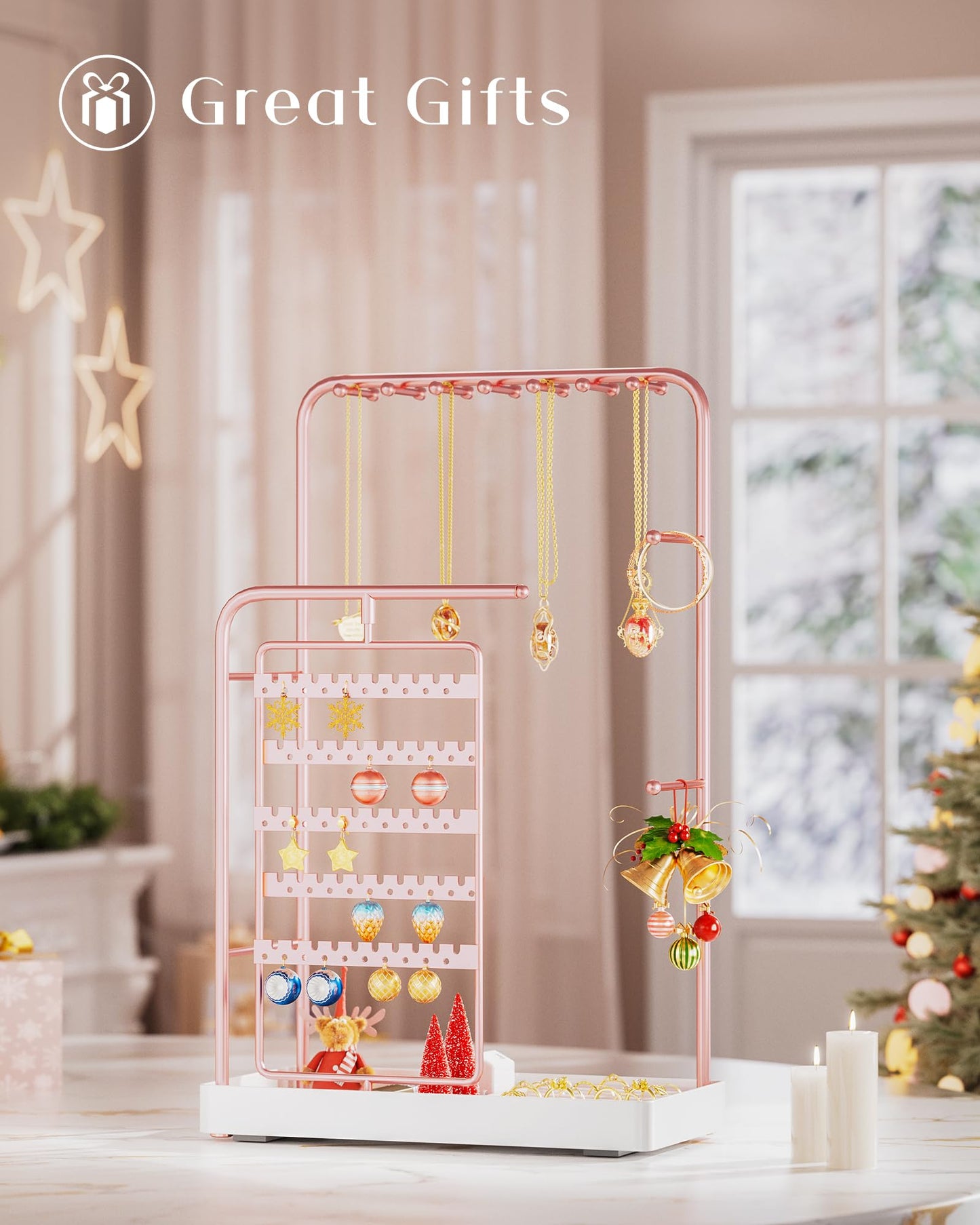 ProCase Jewelry Stand Holder Organizer, Jewelry Display Storage with Ring Tray, Rotating Earring Bracelet Necklace Holder, Valentine's Gifts Room Dorm Decor for Teen Girls -Rosegold (No-Assembly)
