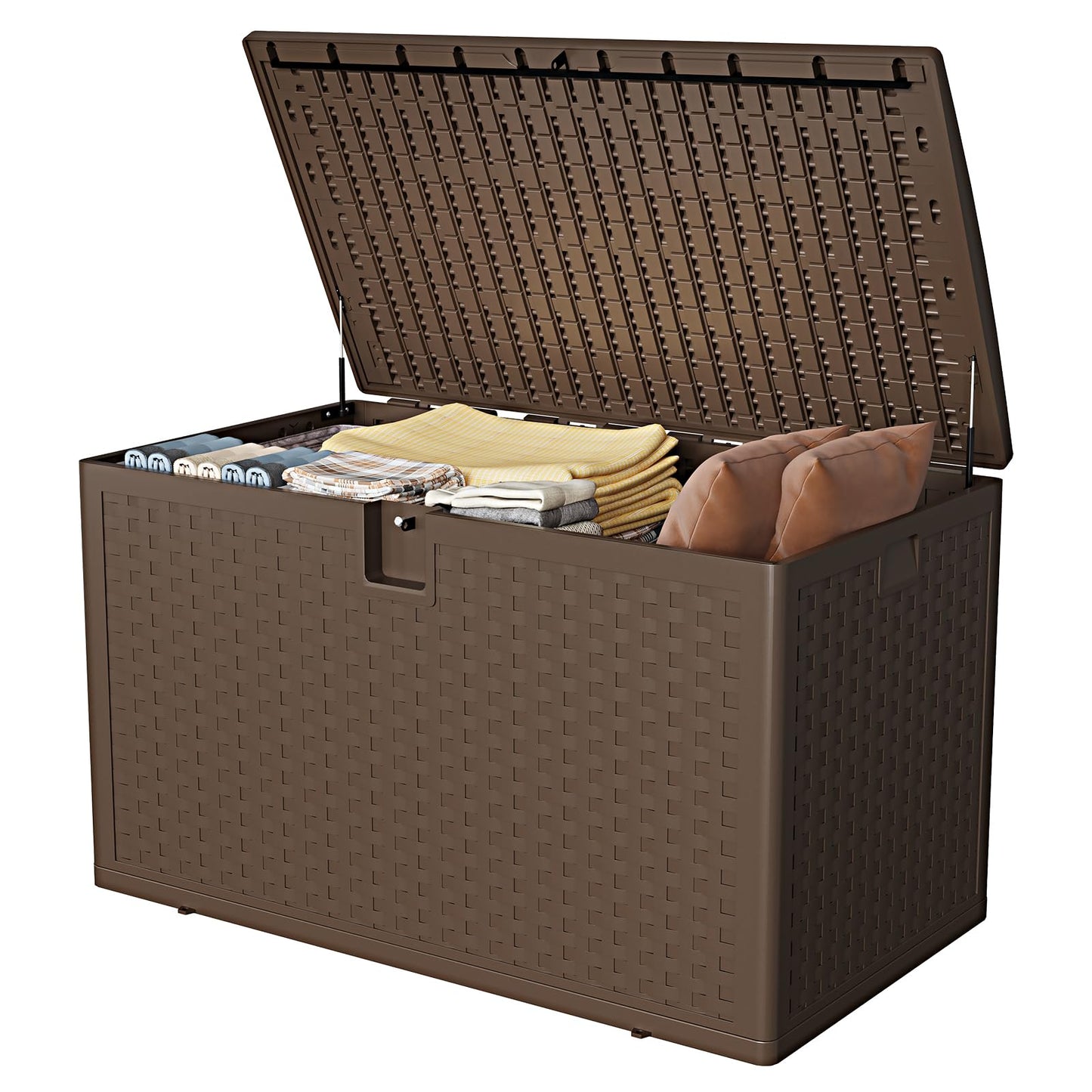 SierraSquad 120 Gallon Large Deck Storage Box - Lockable Waterproof Resin Outdoor Chest - Weatherproof Rattan Style, Side Handles, Ideal for Patio Furniture, Garden Tools, Pool Accessories - Brown