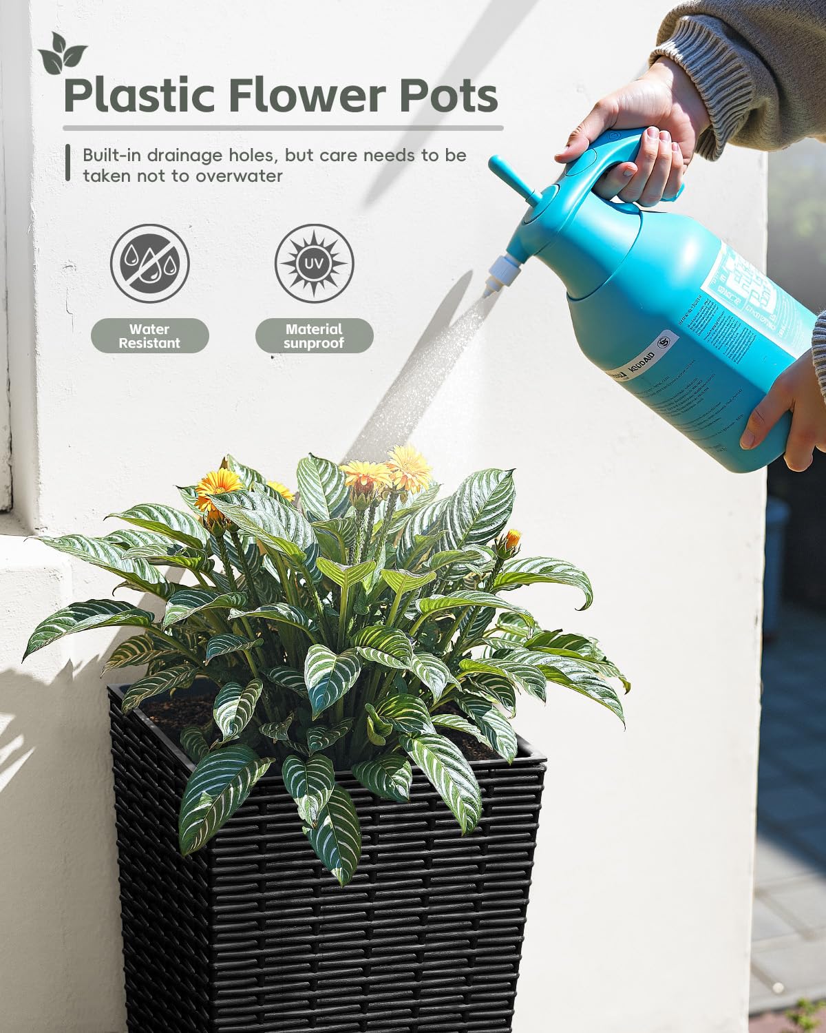 Greesum Set of 2 Tall Plastic Planters with Saucer, 24 Inch Large Pots with Drainage Trays, Weather-Resistant Plastic Plant Containers for Patio, Porch, Garden,Black