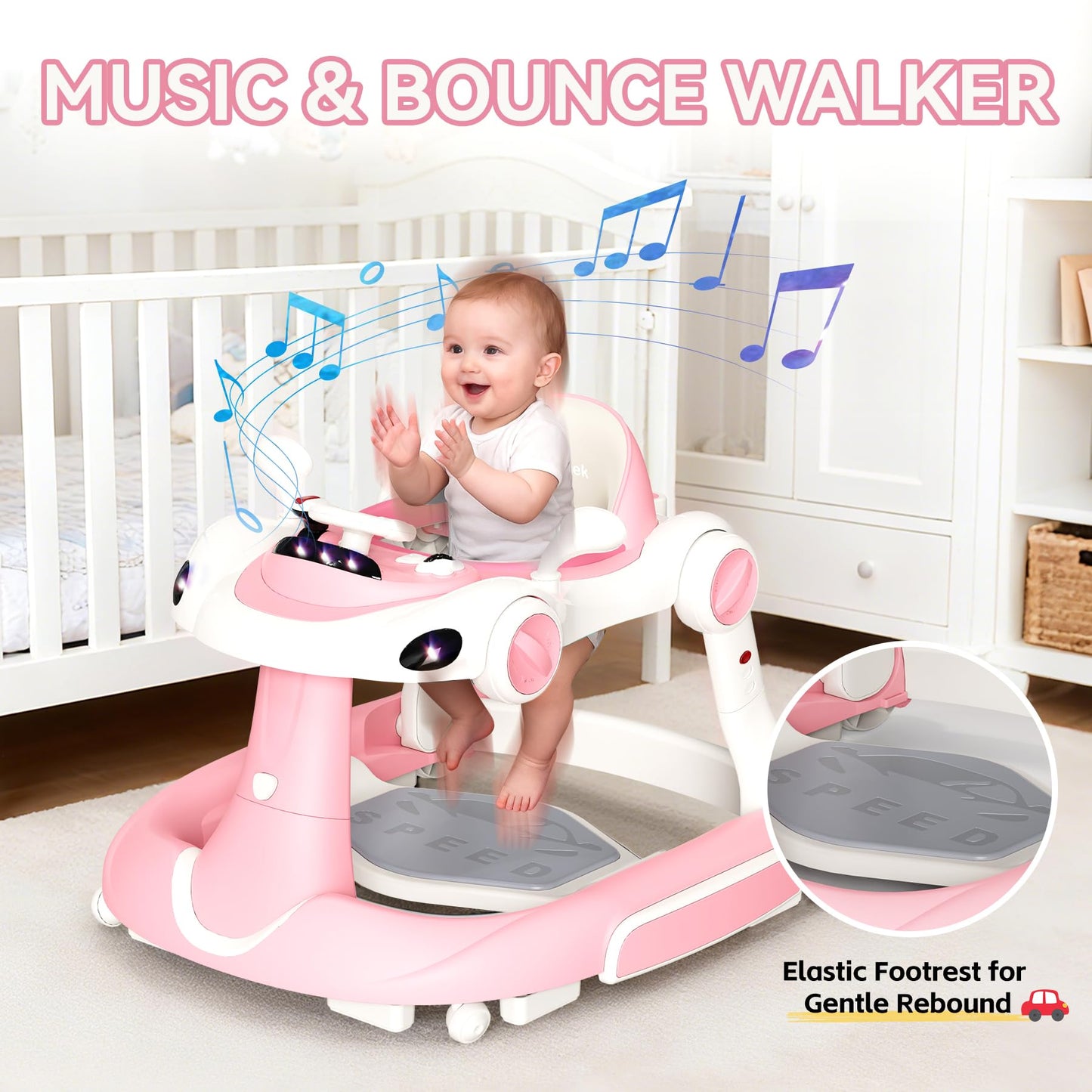 HAWEEK Baby Walker with Wheels, 7-in-1 Foldable Baby Walkers for Boys Girls 6-12 Months with Feeding Tray & Music, Lights,Rocker,Sun Canopy, Bouncing Pedal, Adjustable Wheel Speed, Push Walker (Pink)