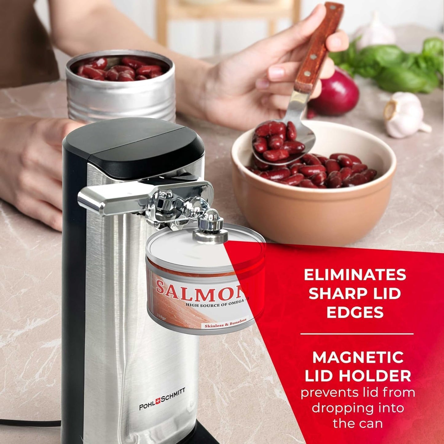 POHL SCHMITT Electric Can Opener, Knife Sharpener & Bottle Opener, Easy Push Down Lever, Works with Standard And Pop-Top Cans, Durable Stainless Steel & ABS - Kitchen Essentials and Accessories