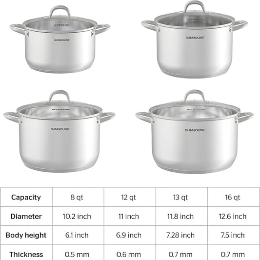 SUNHOUSE Stainless Steel Stock Pot - 11 Quart Heavy-Duty Induction Cooking Pot with Visible Lid for Pasta, Soup, Spaghetti - Nonstick Thick-Bottom Deep Stockpot for Canning, Boiling, and Simmering
