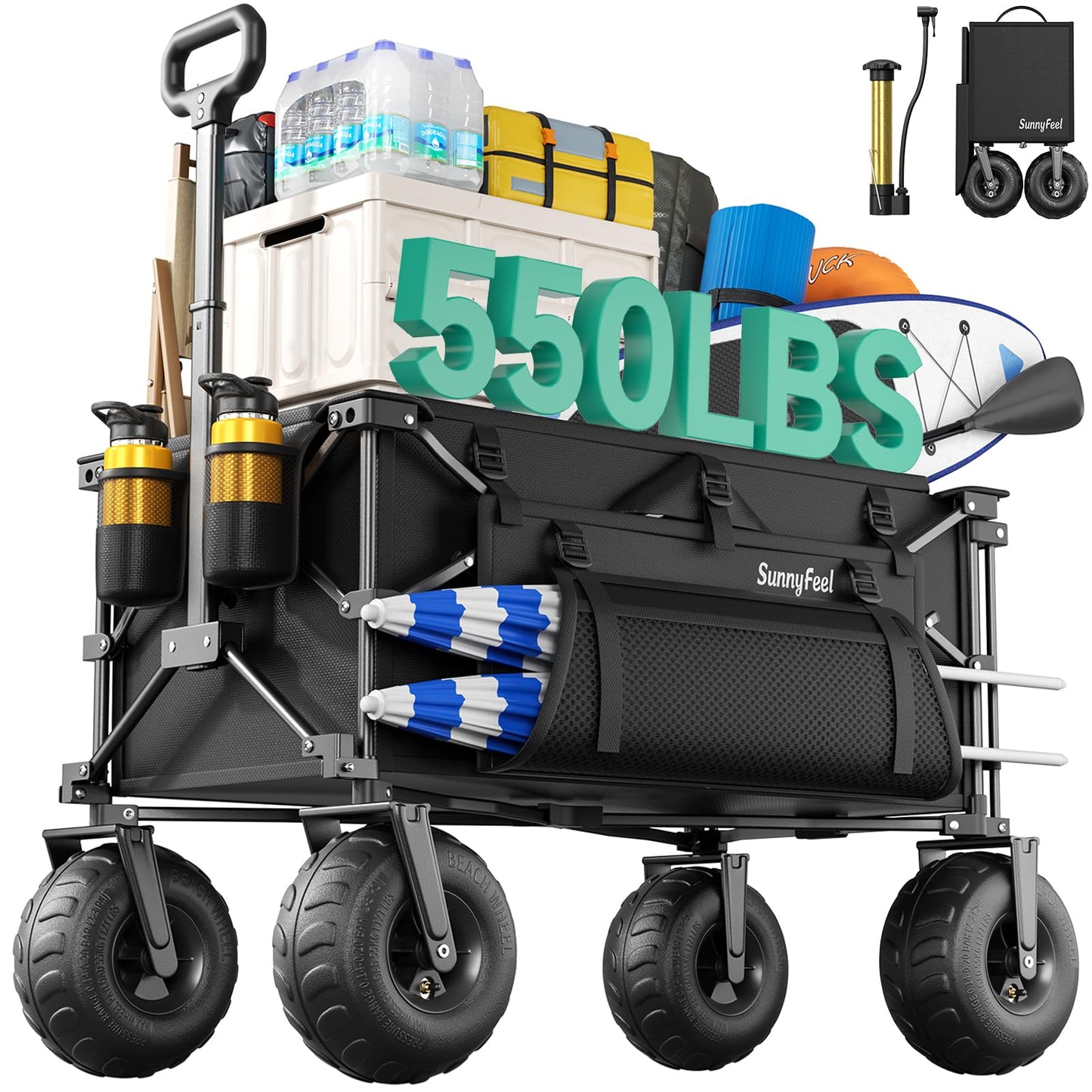 SUNNYFEEL Collapsible Beach Wagon with 9" Balloon Wheels, 300L Beach Cart with Big Wheels for Sand, 550LBS Heavy Duty Folding Wagon Cart with Adjustable Handle for Camping, Garden, Outdoor, Black