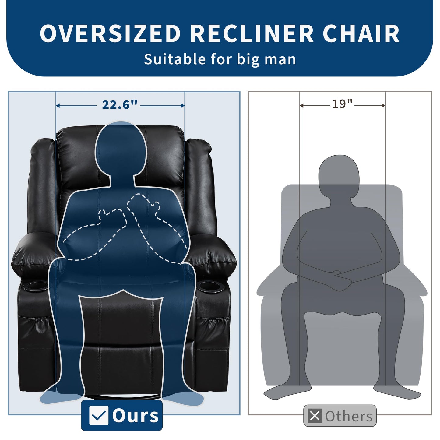 Rocking Recliner Chair for Adults Wide 360° Swivel Rocker Recliner with Cup Holder Nursery Glider with Upholstered Deep Seat PU Leather Comfy Single Sofa for Living Room Black