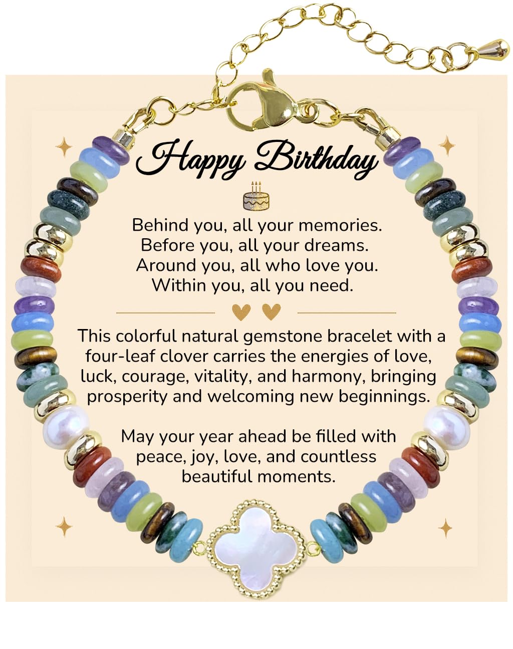 YEETONDA Four Leaf Clover Natural Gemstone Rainbow Bracelets Jewelry 16th 21st 30th 40th 50th 60th 70th 80th Birthday Gifts For Women Mom Sister Friend Daughter Niece(Rainbow)