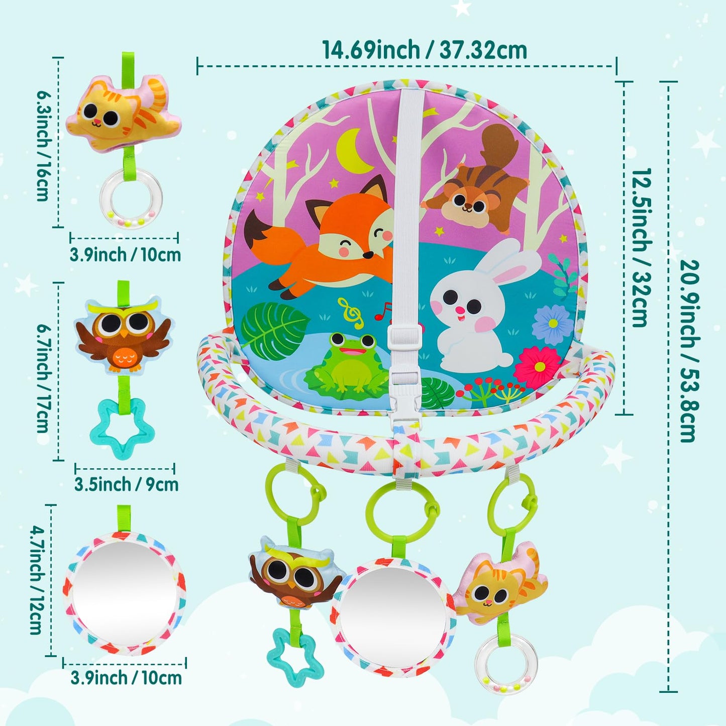 OKOOKO Car Seat Toy Rear Facing Car Seat Toy Baby Travel Toy Double-Sided with Baby Mirror Plush Toys Rattle Teether Thickened Pad Adjustable Sensory Toy for Newborn Infant