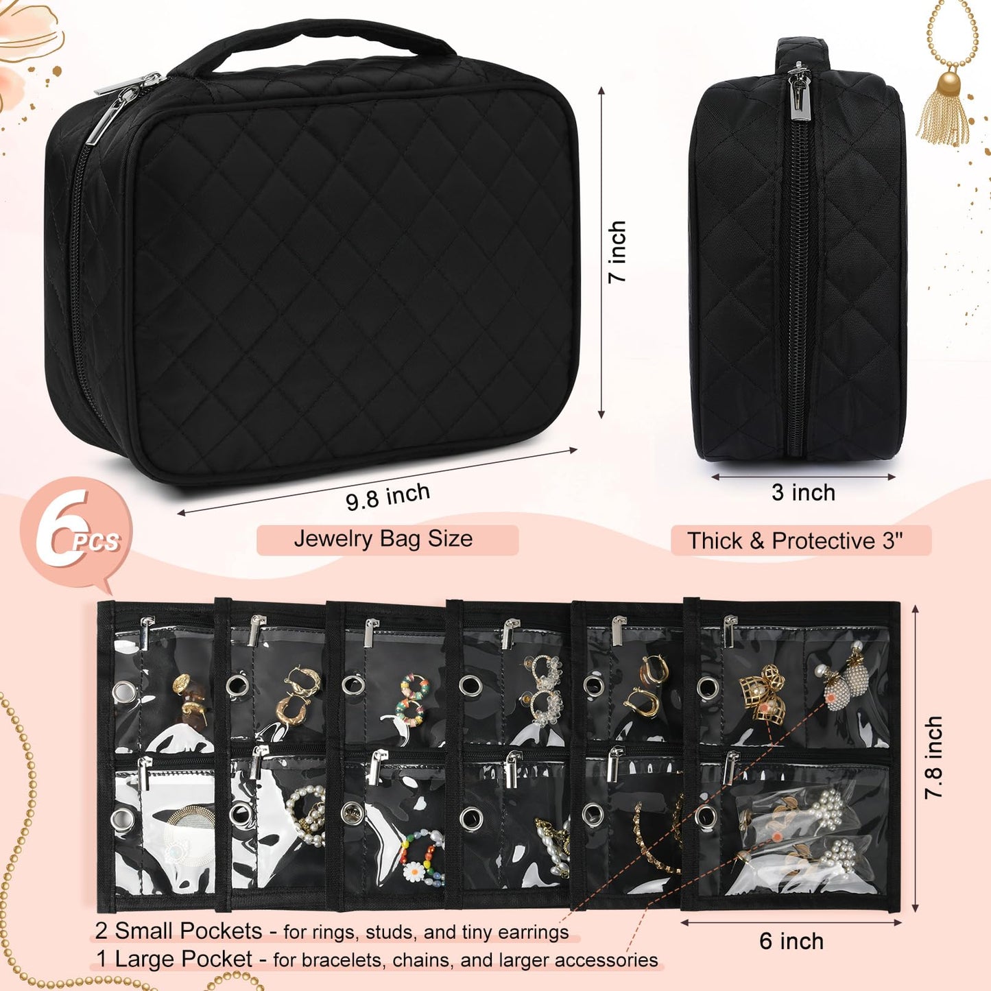 CEELGON Travel Jewelry Case Organizer and Storage Quilted Jewelry Pouch Box for Traveling Ring Necklace Earring Holder with Velvet Jewelry Binder Mini Portable Jewelry Bag (Black)