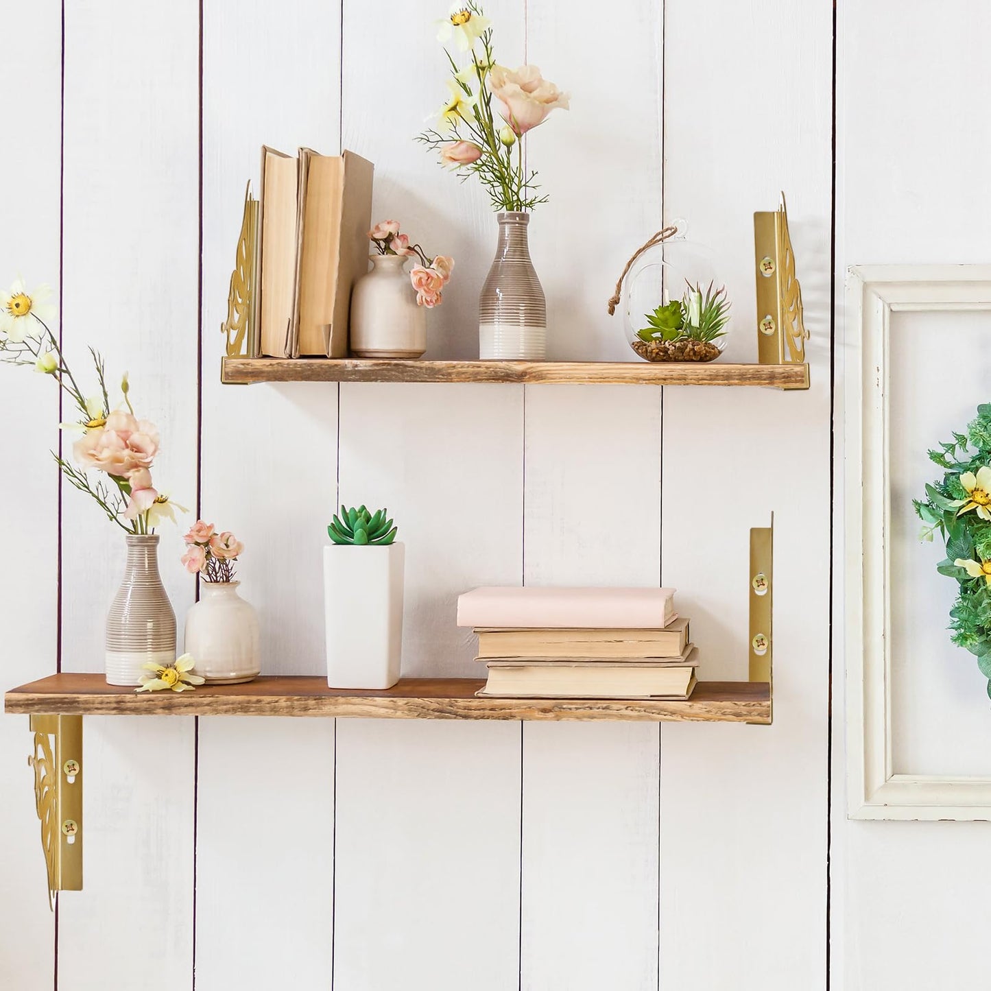 Colingmill 4 Pcs Decorative Gold Shelf Brackets Heavy Duty Antique Brass Shelf Brackets 4.6 Inch Butterfly Wall Mount Shelving Bracket for DIY Floating Shelves Living Room Bedroom Kitchen Decor