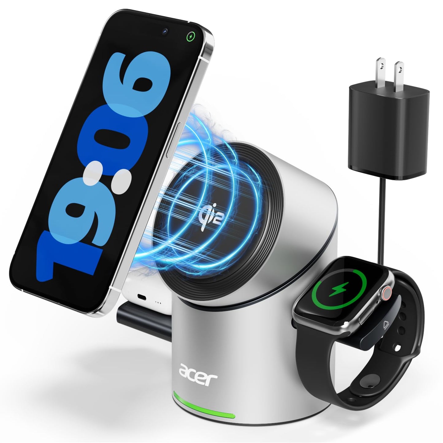 Acer Prime 3 in 1 Charging Station for Apple - Magnetic iPhone Wireless Charging Station, Magsafe Charger Stand for iPhone 17 16 15 14 13 12 - Apple Watch - Airpods Series (Charger & USB-C Included)
