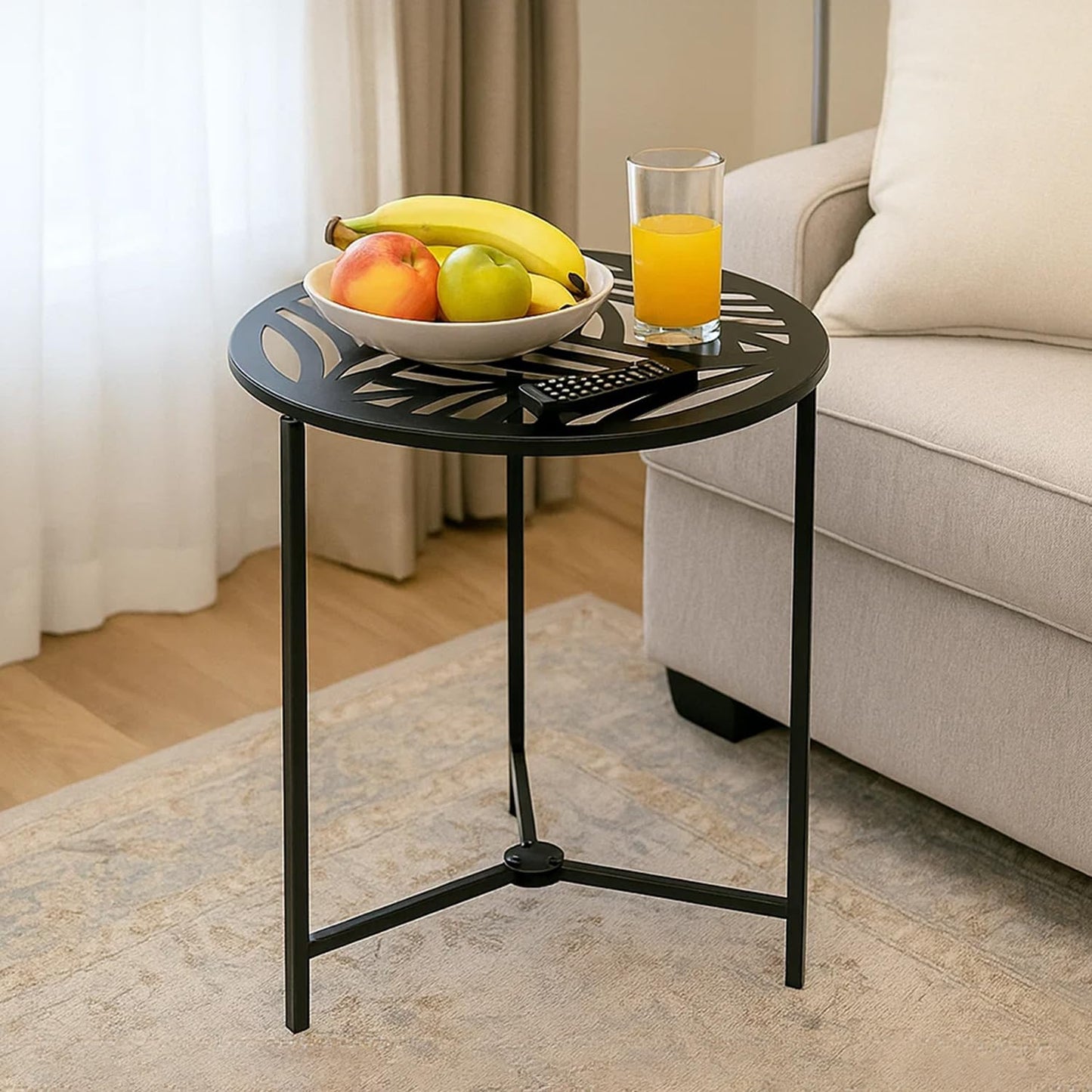 Extra-large Metal Side Table 17.7 Inches Heavy-duty Black Outdoor Patio Garden End Table Round Accent Corner Stand for Small Space Weather-resistant Coffee Table for Balcony Porch Plant Stand, Black