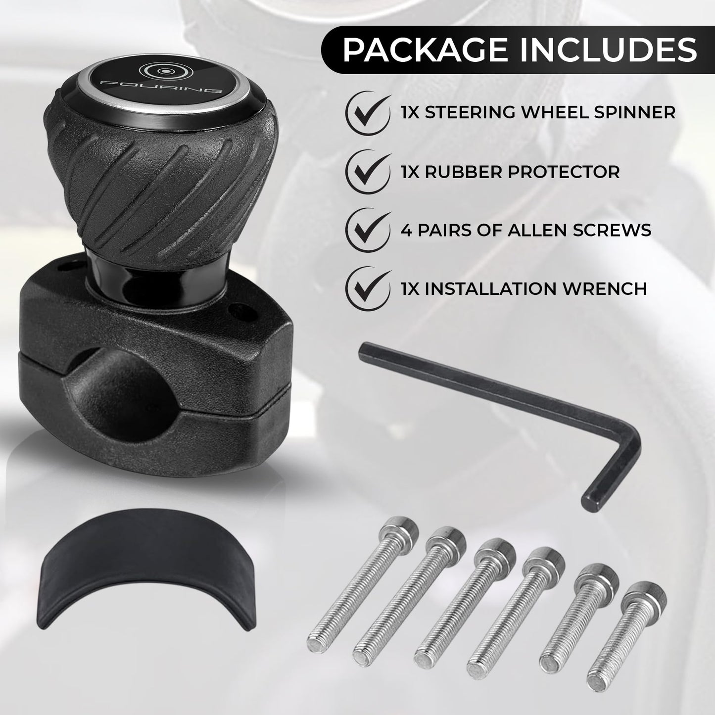 FOURING Universal Steering Wheel Spinner Knob - Smooth Black Finish | Fits Steering Wheels 0.5"-1.75" Diameter | Effortless Spinning for Cars, Trucks, Tractors, Boats, Semi-Trucks, Forklift & More