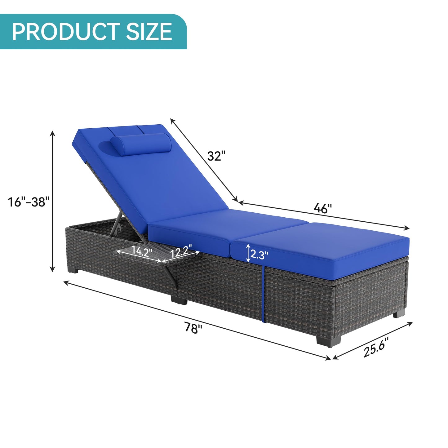 Garvee Outdoor Chaise Lounge Set of 2, 5-Position Adjustable Reclining PE Wicker Lounge Chairs with Cushions for Poolside, Garden, Patio, Backyard, Blue