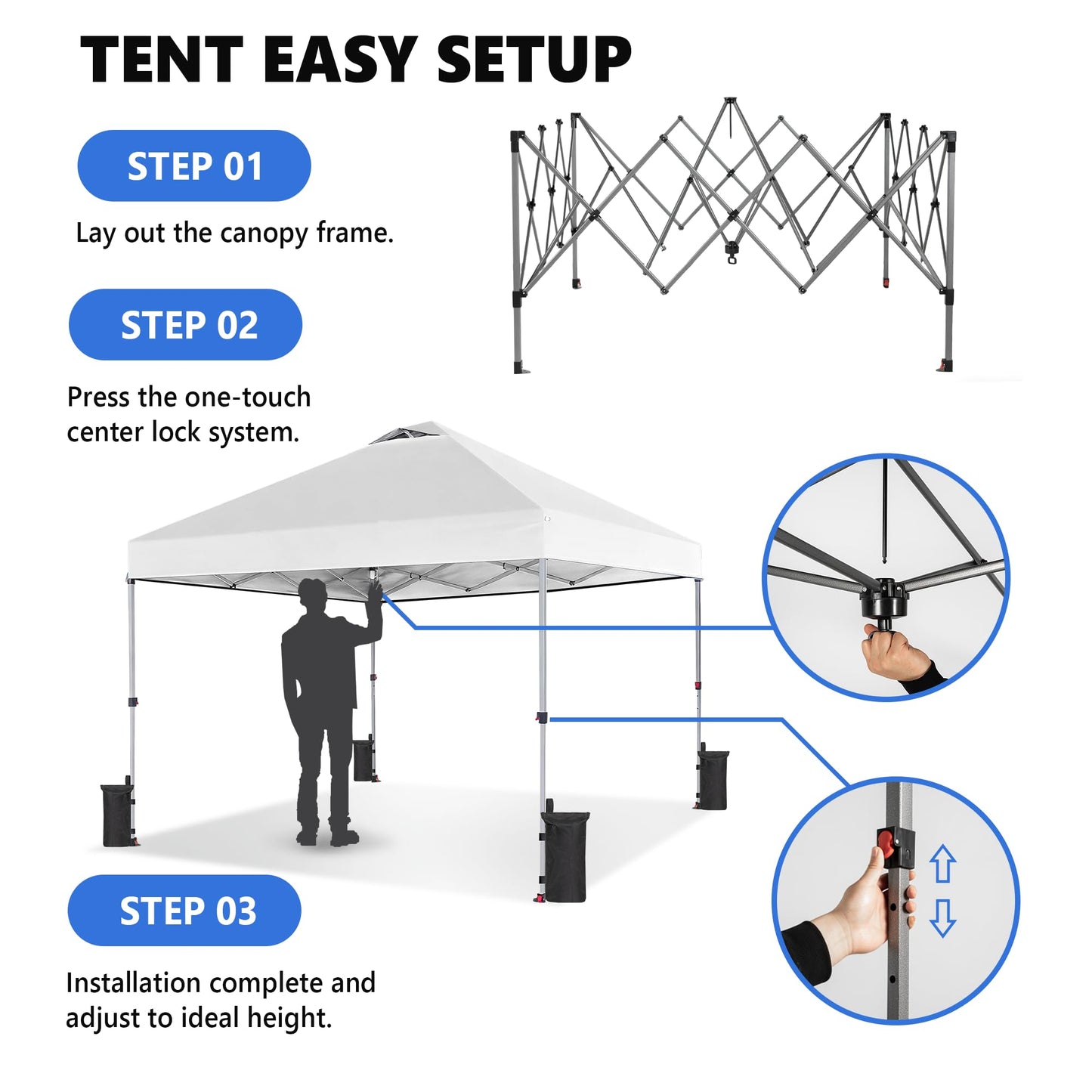 OLIXIS 10x10ft 1-Person Pop Up Canopy Tent, Heavy Duty One Push Setup Portable Outdoor Shelter for Beach Events Camping with Rolling Carry Bag, Snow White