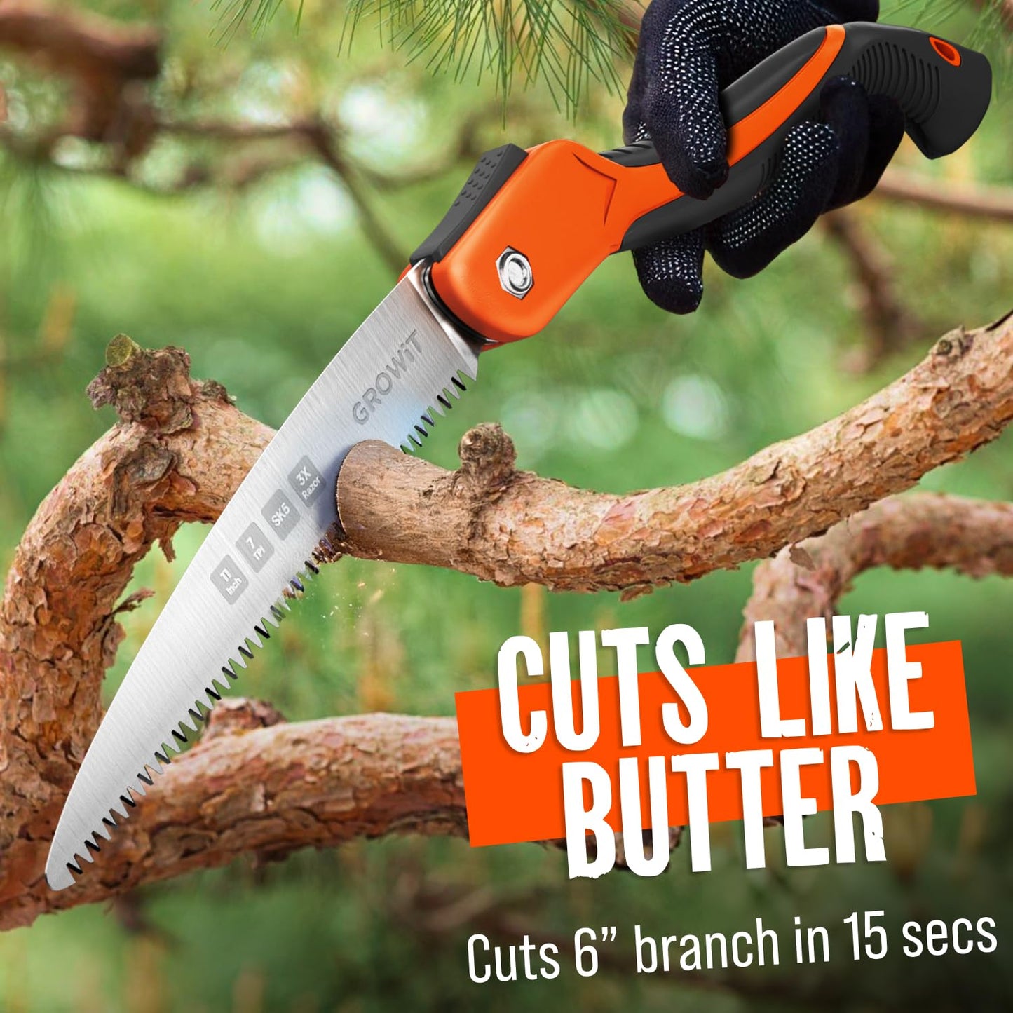 GROWIT Folding Camping saw 11 Inch - Heavy Duty Pruning Saw with Triple-Cut SK5 Blade, 7 TPI Razor Teeth for Tree Trimming, Wood Cutting, Camping, Bushcraft, and Gardening