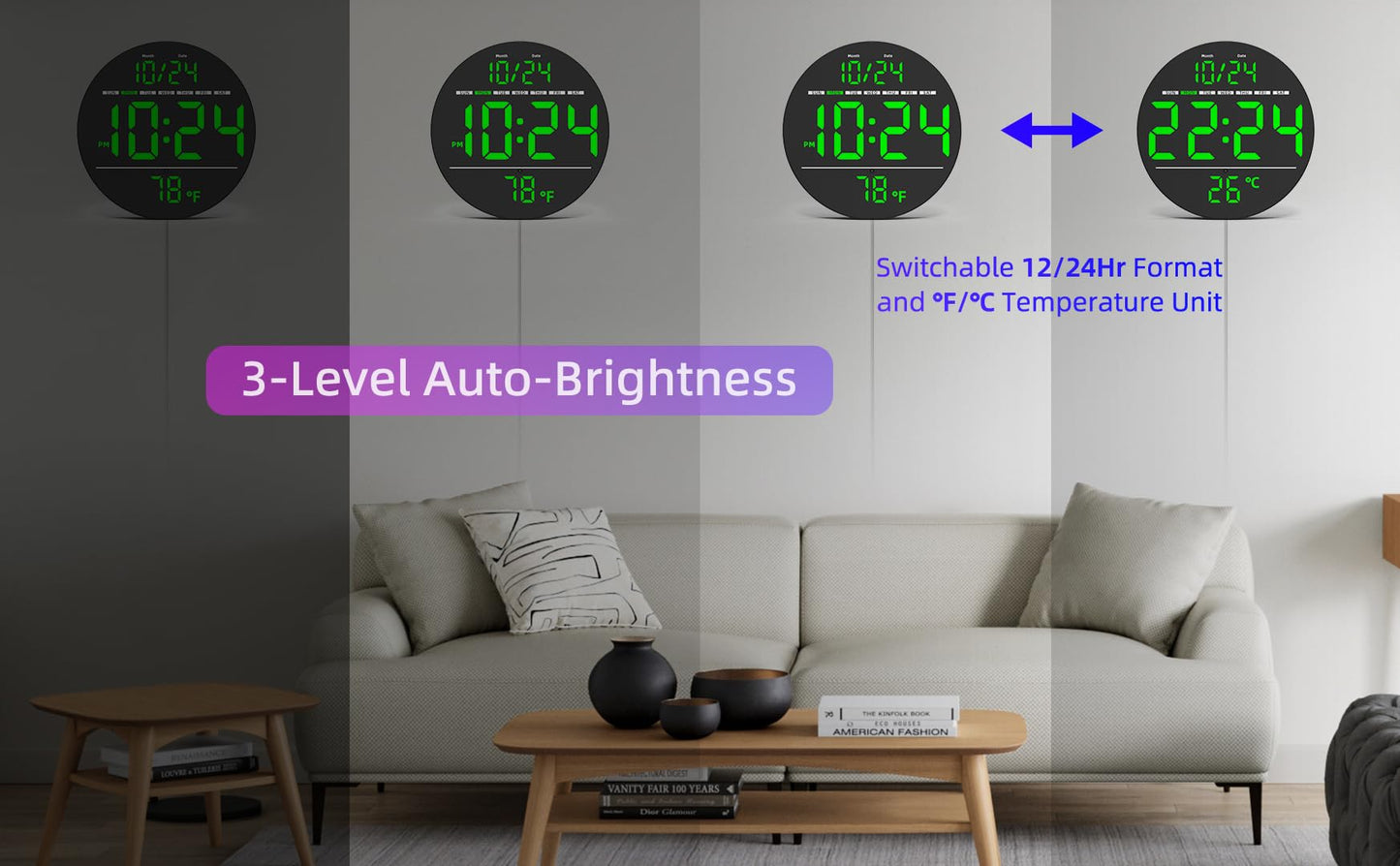Digital Wall Clock with Large LED Display, Date, Temperature, Auto-Brightness | Small [PLUG-IN] Clock | Modern Electric Wall Clock for Bedroom, Classroom, Living Room, Home, Office, Farmhouse – Green