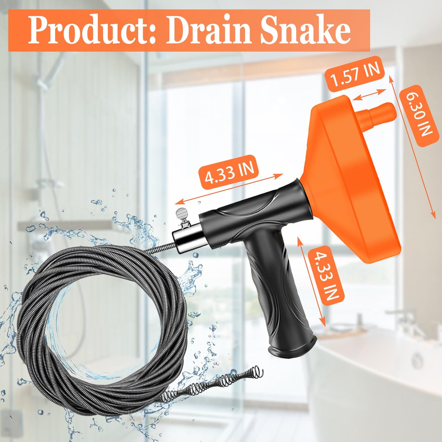 Drain Snake Auger, 33 Feet Plumbing Snake Drain Hair Clog Removal Tool, Sink Unclogger Drain, Heavy Duty Toilet Snake Auger, Cleaner Tool for Bathroom Kitchen Tub Shower Drain Clog Remover with Gloves