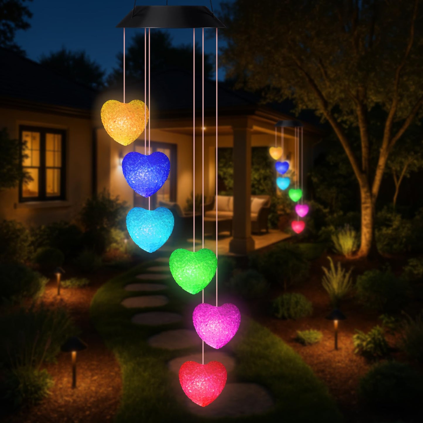 Glooglitter 2 Pcs Heart Solar Wind Chime Gift for Women Mom Grandma Sister Ideal Gift Mother's Day Decoration for Garden Patio Yard, Romantic Night Light Home Decor(Pink Heart)