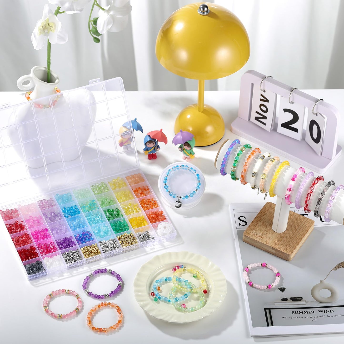 Funtopia Glass Beads for Bracelets 6mm, 1396pcs Bracelet Making Kit 34 Colors Glass Beads for Jewelry Making, Crystal Beads for Bracelets DIY Crafts with Spacer Beads and Charms