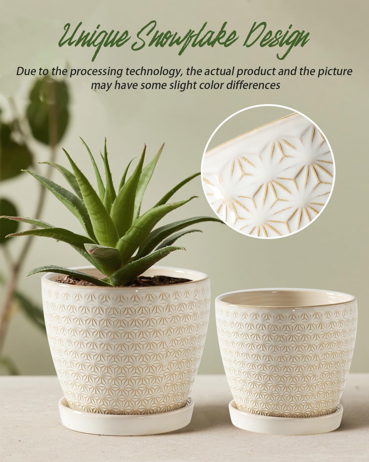 Swkien Plant Pots, Flower Pots, Planters for Indoor Plants(6.5+5.5inch), Flower Pots for Indoor Plant with Drainage Hole and Saucer, Ceramic Pots for Plants with Hole Mesh Pad,Reactive Glaze White