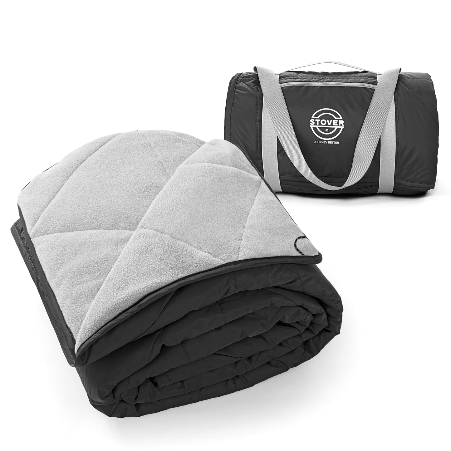 STOVER Large Waterproof Outdoor Stadium Blanket- Extra Thick Soft Fleece Camping Blanket for Travel, Picnics, Sports, Dogs- 79"x55", Warm, Windproof, Sand-Proof, Lightweight, Packable (Stadium Black)