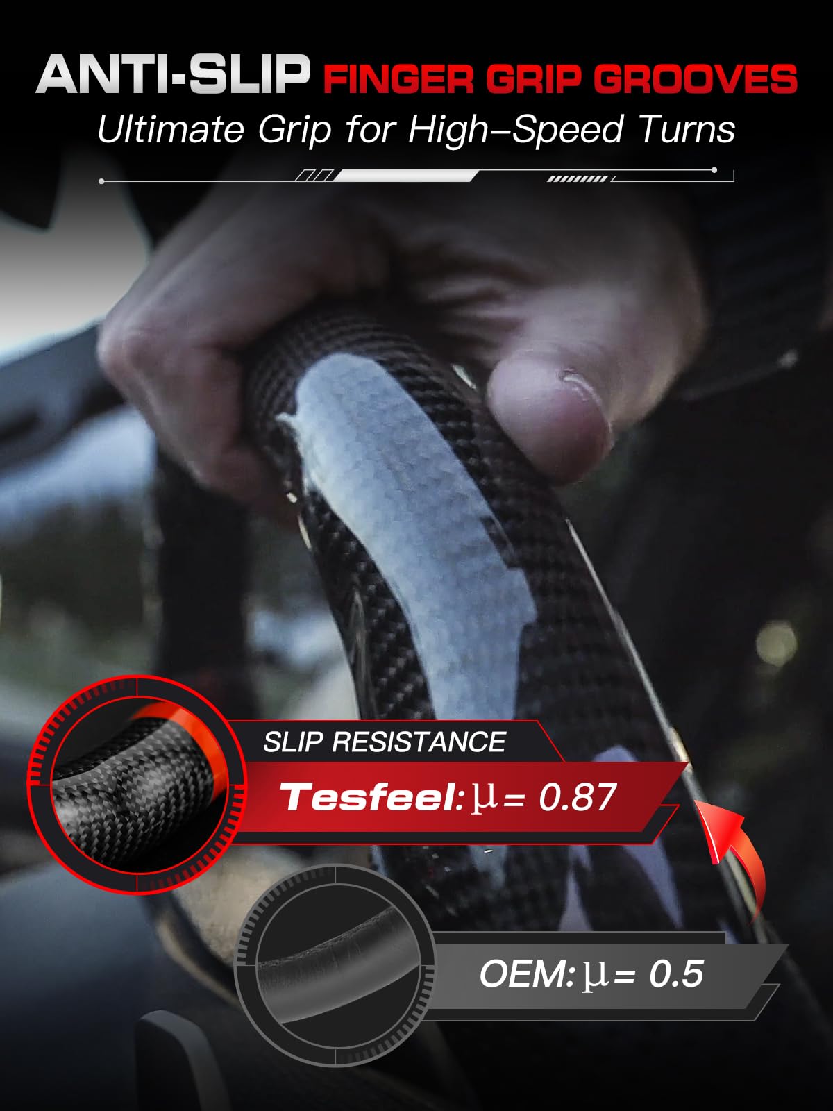 TESFEEL Real Carbon Fiber Steering Wheel for Ford Mustang 2018-2023, D-Shape Flat Bottom, Premium Nappa Leather with Red Stripe & Hand-Stitching, for EcoBoost/GT/Shelby GT350&GT350R