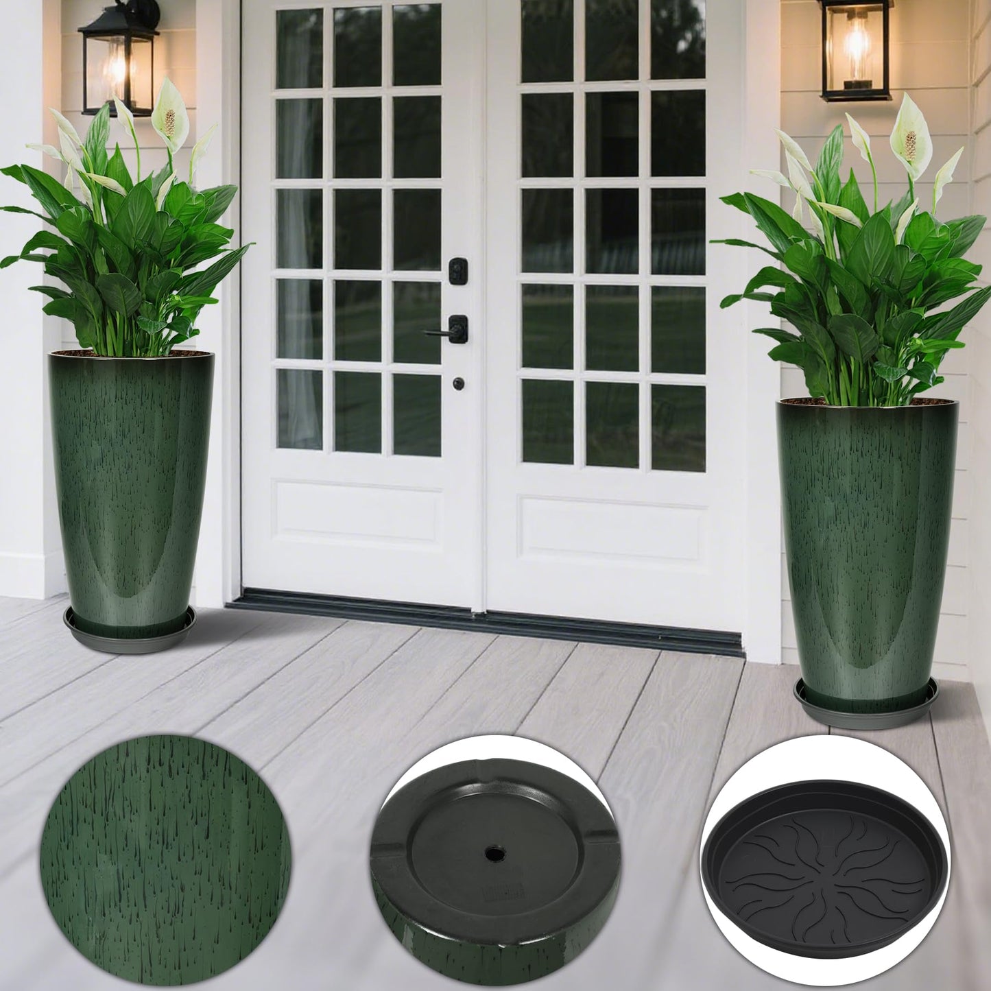 Neoaider Set of 2 Lightweight Ceramic-Look Tall Planter, 21 inch Large Plastic Planter with Drain Hole & Saucers, Large Outdoor Planters for Porch, Garden, Patio, Balcony(Dark Green)
