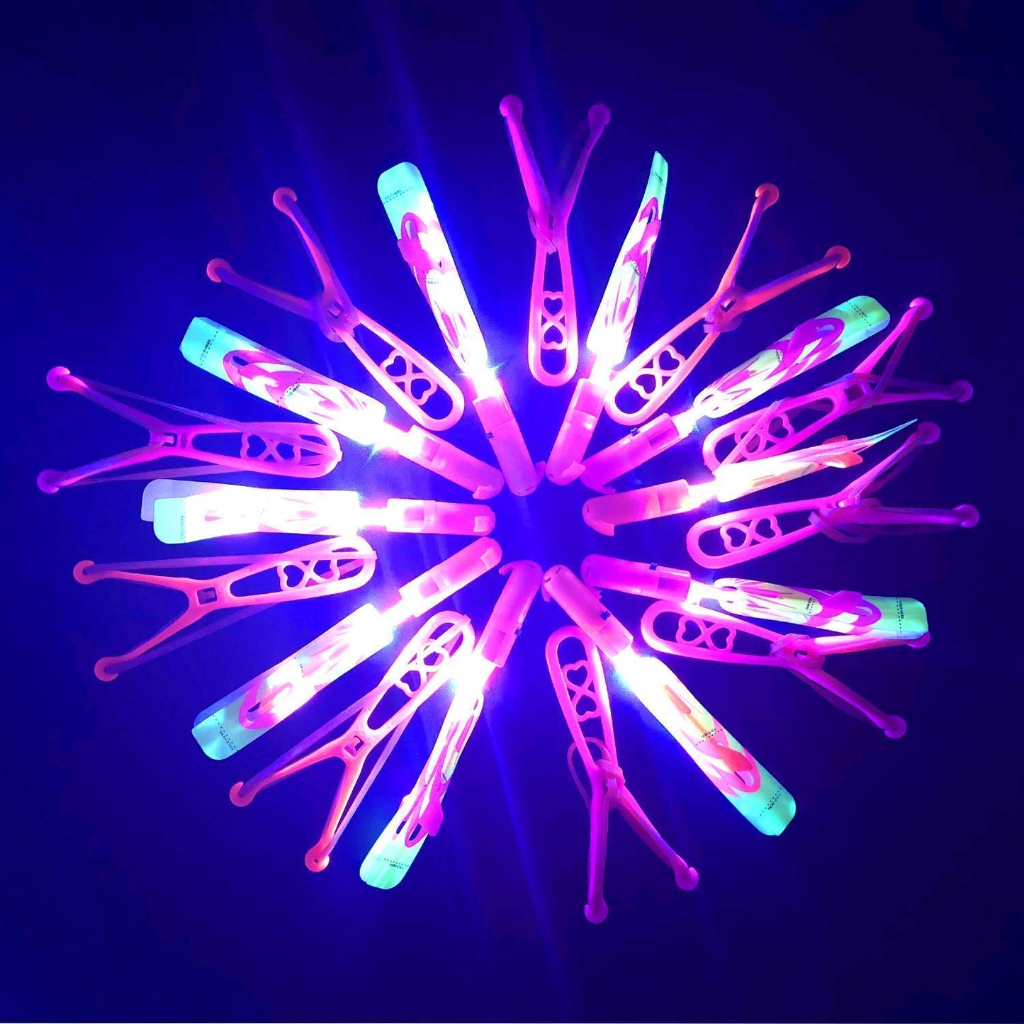 JX 24 Pack Rocket Slingshot Flying Toys with Led Lights,24Pcs LED Arrow Helicopters + 24Pcs Launchers,Summer Outdoor Game LED Slingshot Toy for Kids, Glow in The Dark Kids Party Supplies