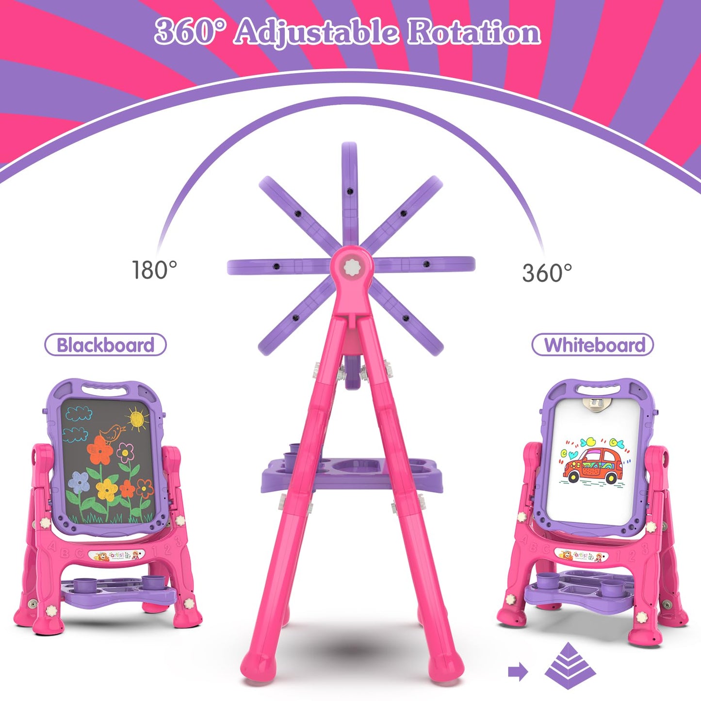 PUPPSITTY Art Easel for Kids - Adjustable Standing Rotatable Double Sided Toddler Easel with Painting Accessories, Birthday Christmas Gift for Little Boys and Girls, Drawing Board Gift for Toddlers