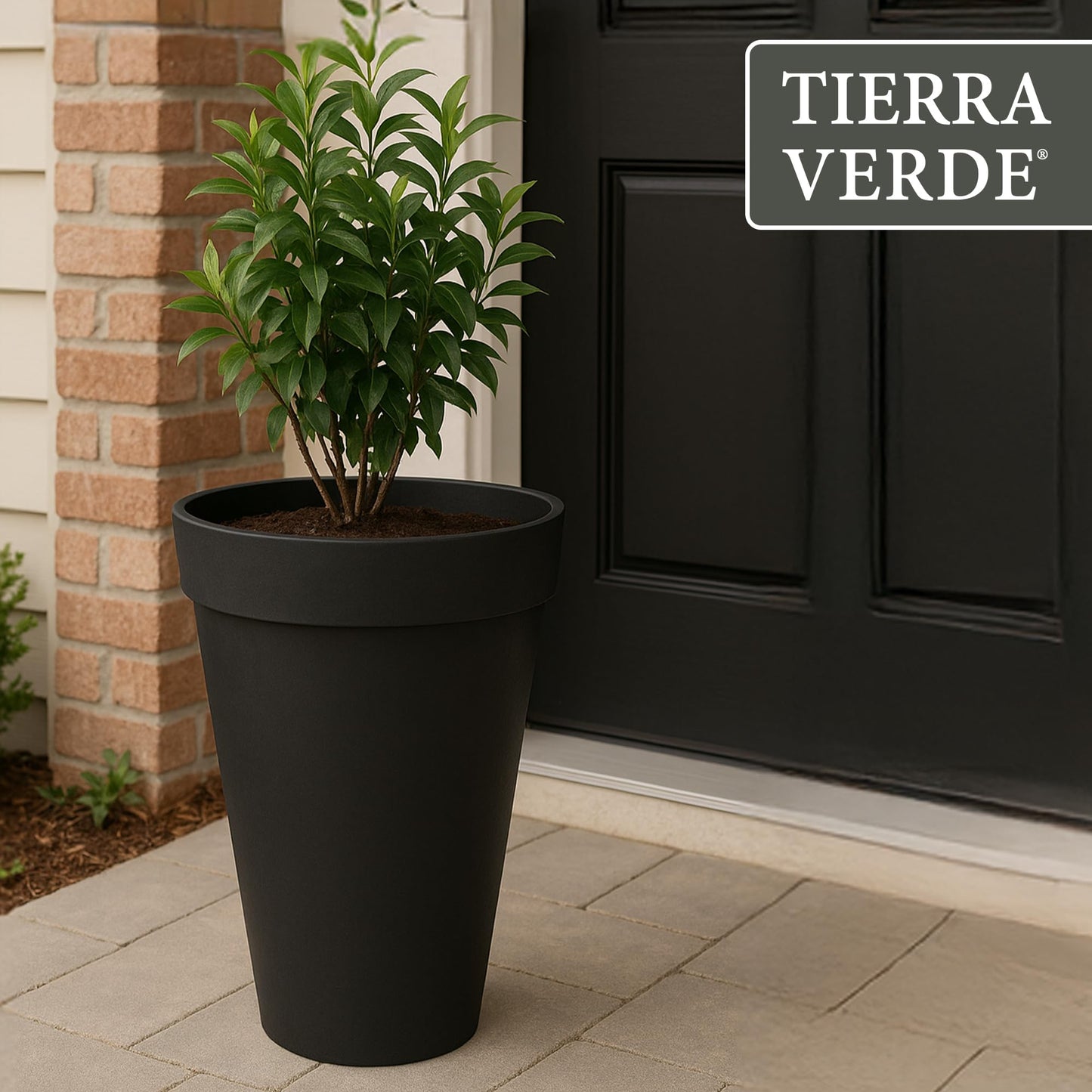 Tierra Verde Indoor & Outdoor Self-Watering Tall Round Planter, Aria, 12.5" x 20", Black - Planting Containers for Plants and Flowers - Gardening and Landscaping Accessories