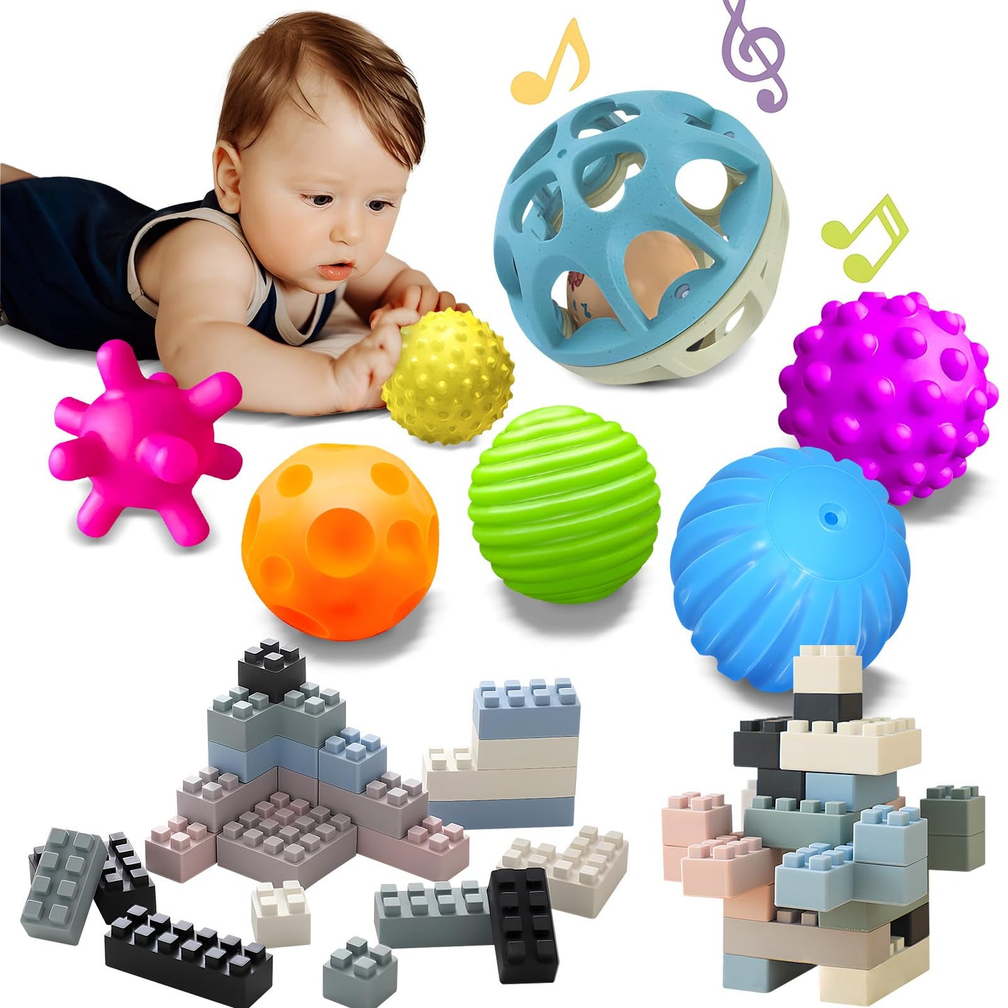 Silicone Blocks and Sensory Balls Toy Set - Montessori Soft Baby Blocks and Textured Baby Rattle Balls, Ideal Preschool Learning & Toddler Gifts