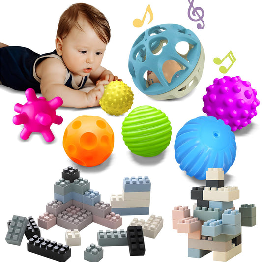 Silicone Blocks and Sensory Balls Toy Set - Montessori Soft Baby Blocks and Textured Baby Rattle Balls, Ideal Preschool Learning & Toddler Gifts
