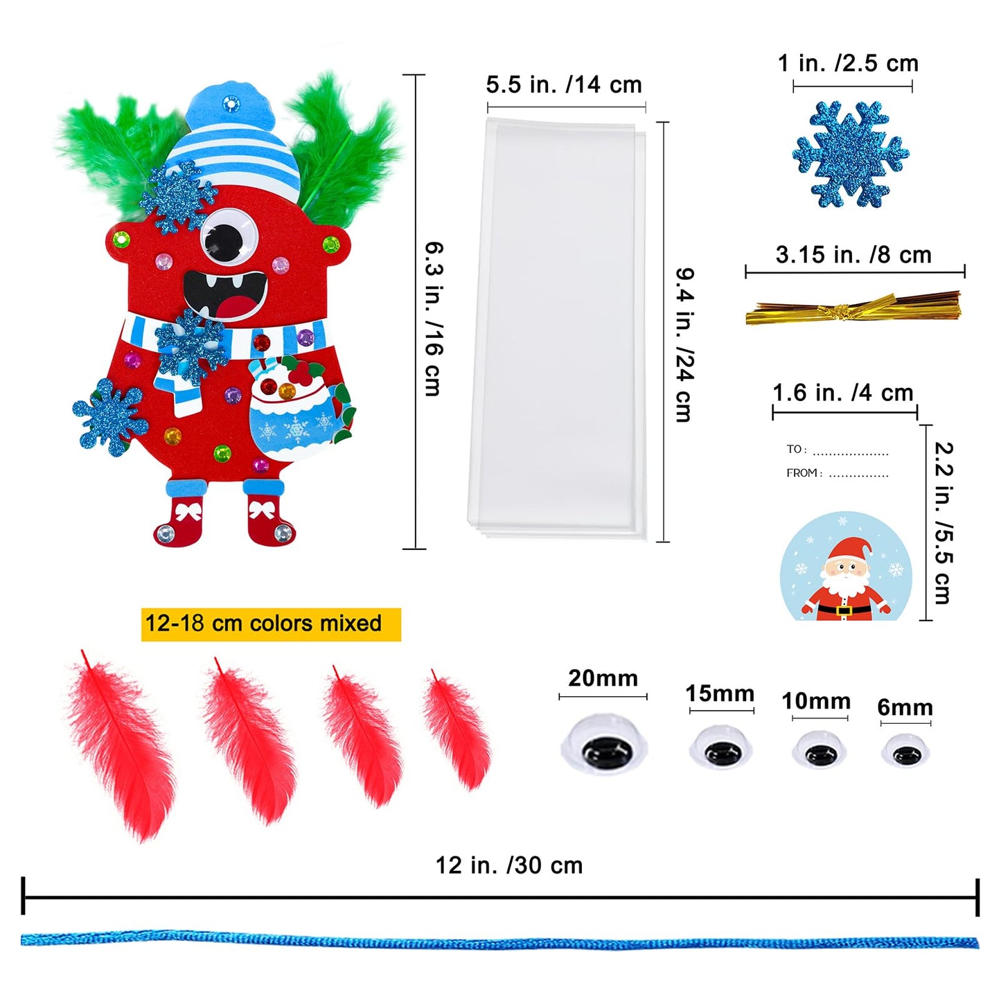 Winlyn 24 Sets Christmas Craft Kits Winter Crafts DIY Monster Ornaments Decorations Art Sets Foam Monster Christmas Stickers Googly Eyes Feathers for Kids Holiday Home Classroom Activities Party Favor