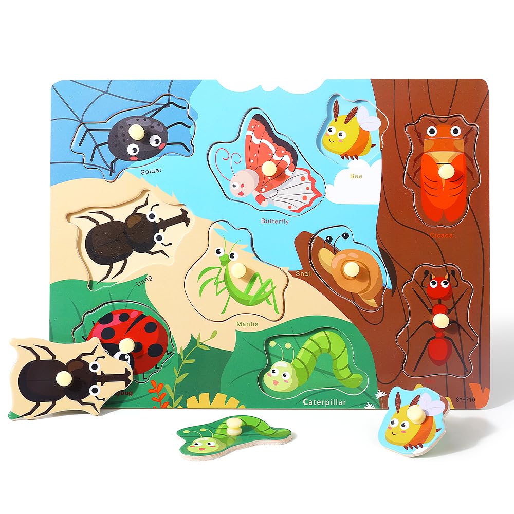 GRINNNIE 9 Pack Montessori Toddler Puzzle for 3 4 5 Years Old, Wooden Learning Puzzle for Toddlers 3-5, Animal, Alphabet, Number, Shape Peg Puzzles Set, Great Birthday for Boys Girls