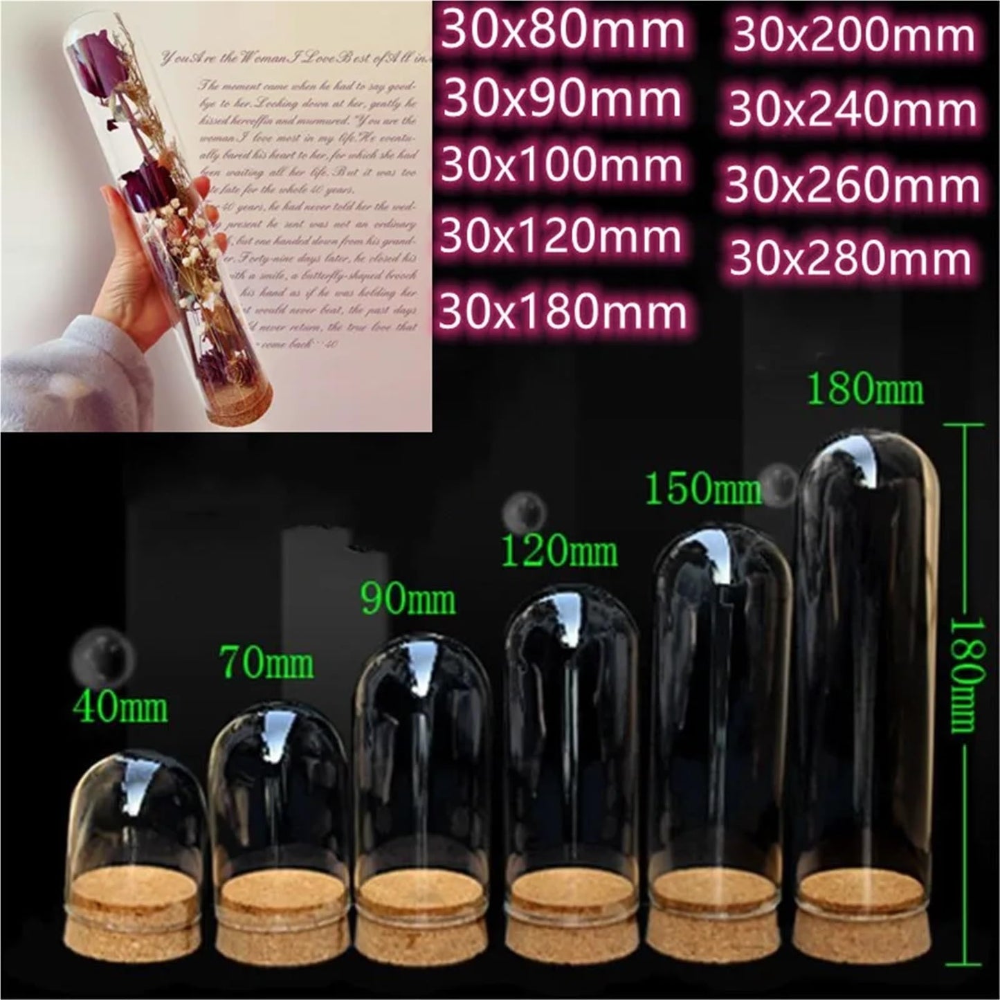10X Da30mm Glass Bottle Terrarium Jar Cork Base Dome Dust Cover DIY Specimen Succulent Plant Micro Landscape Flower Vase Display(30x80cm)