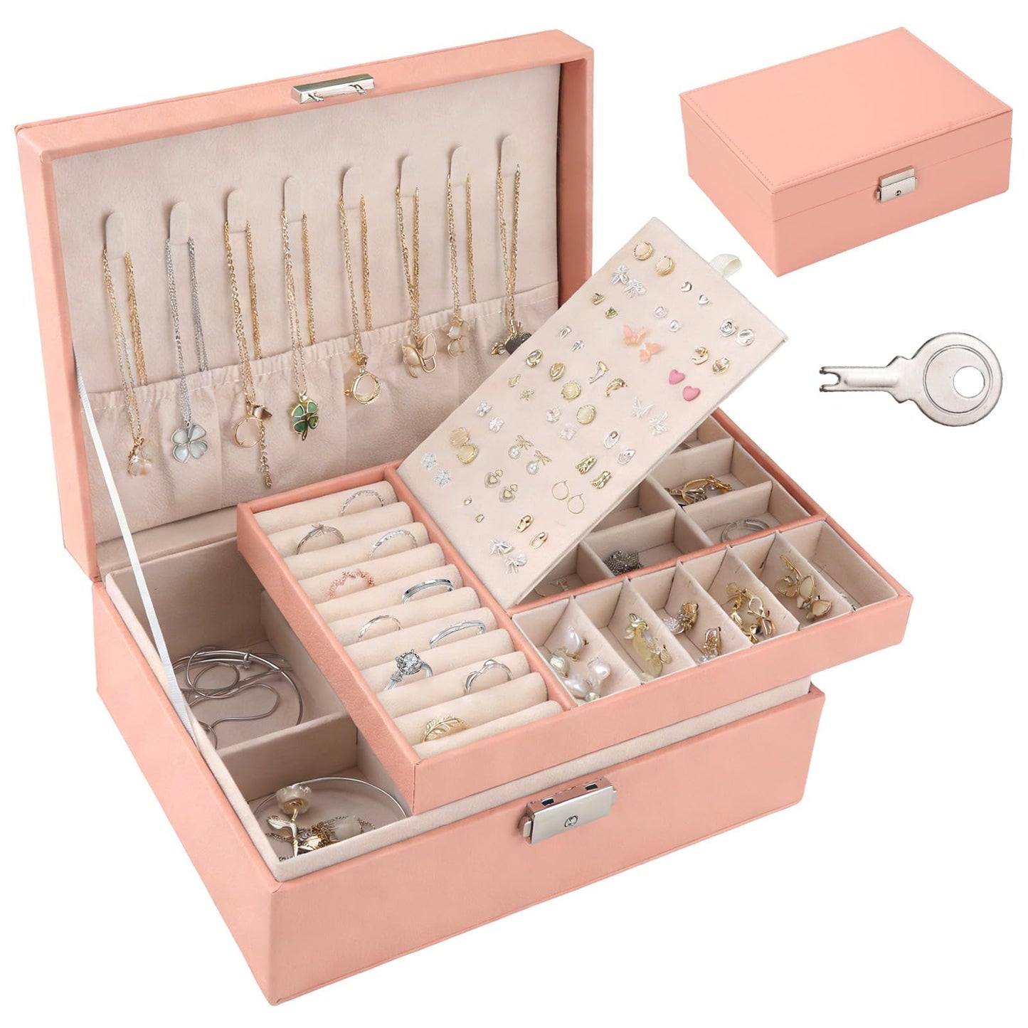 JINGIHE Jewelry Box Organizer for Women Girls, 2 Layers jewelry Storage Case with Removable Tray, PU Leather Jewellery Display Holder for Earring Rings Necklaces Bracelets Watches