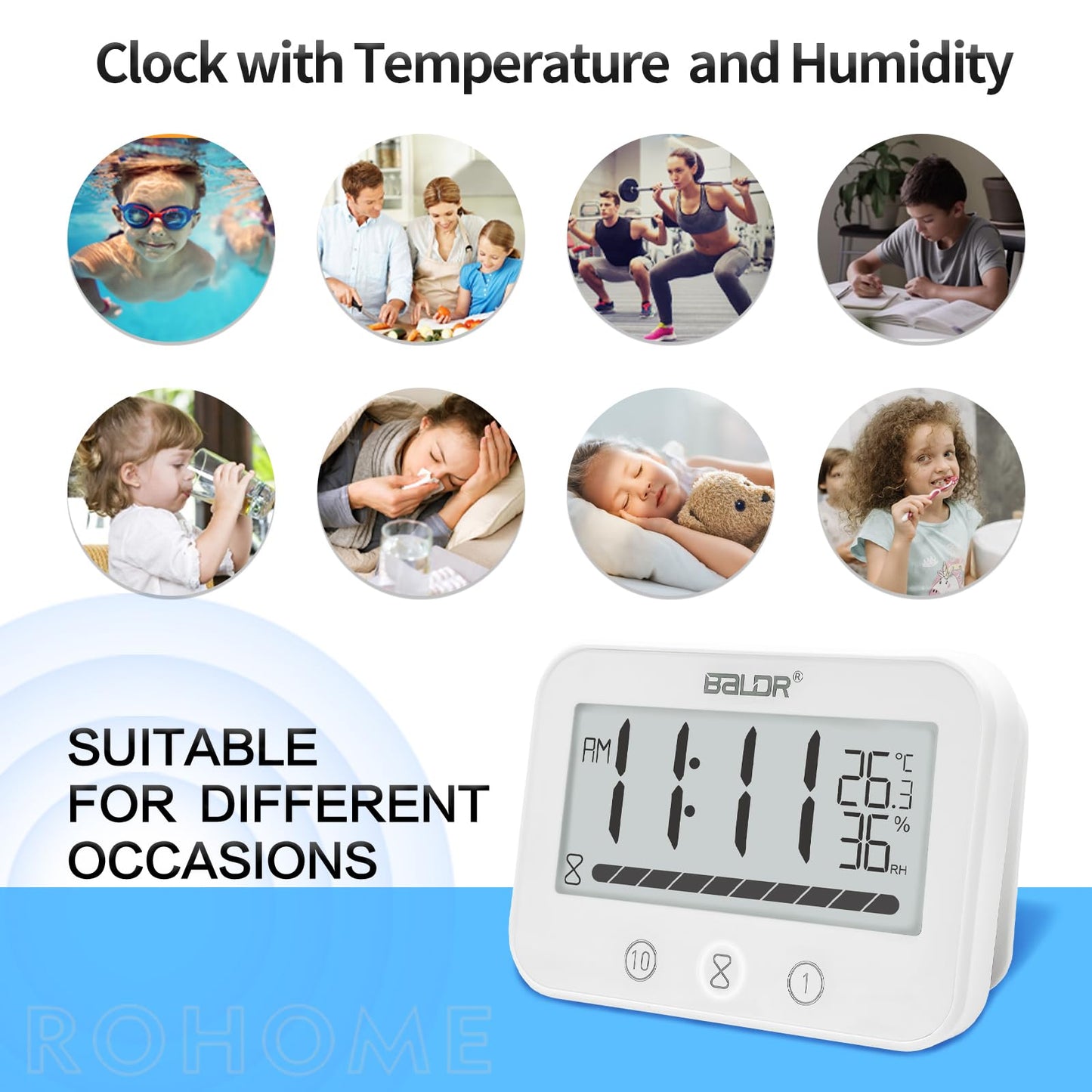 Rohome Waterproof Wall Hanging Timer Bathroom Clock, Large Digital Shower Mirror Suction Clock Thermometer Hygrometer, Visual Kitchen Cooking Countdown Timer, Bath Temperature Humidity Meter (White)