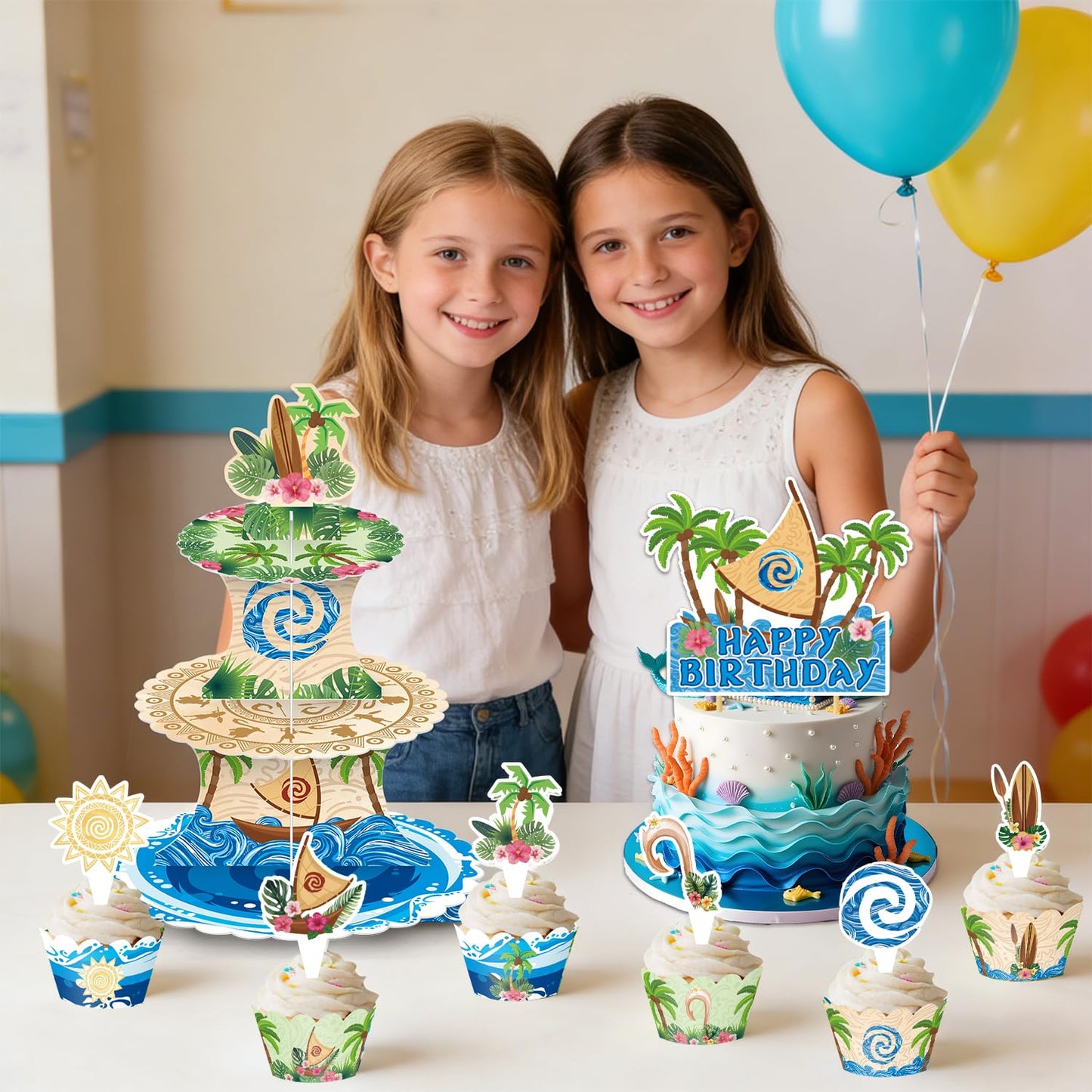 26Pcs Hawaiian Beach Birthday Party Decorations Including Cake Stand Cupcake Wrappers Cupcake Topper Cake Topper Hawaiian Party Supplies Baby Shower