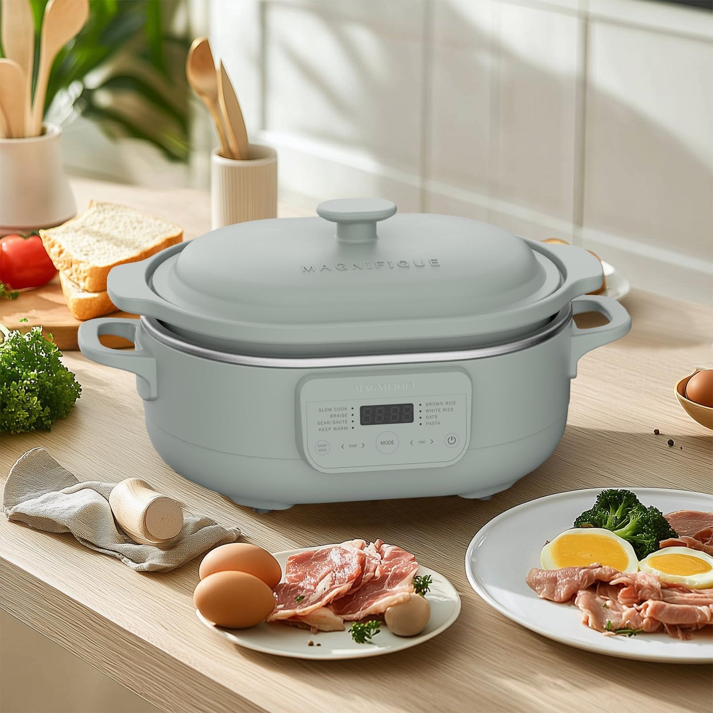 4 Quart Programmable Slow Cooker with Flexible Easy Programming, 8-in-1 Claypot Multi Cooker, Removable Crock, Nonstick, Oven Safe Pot to 450°F, Olive