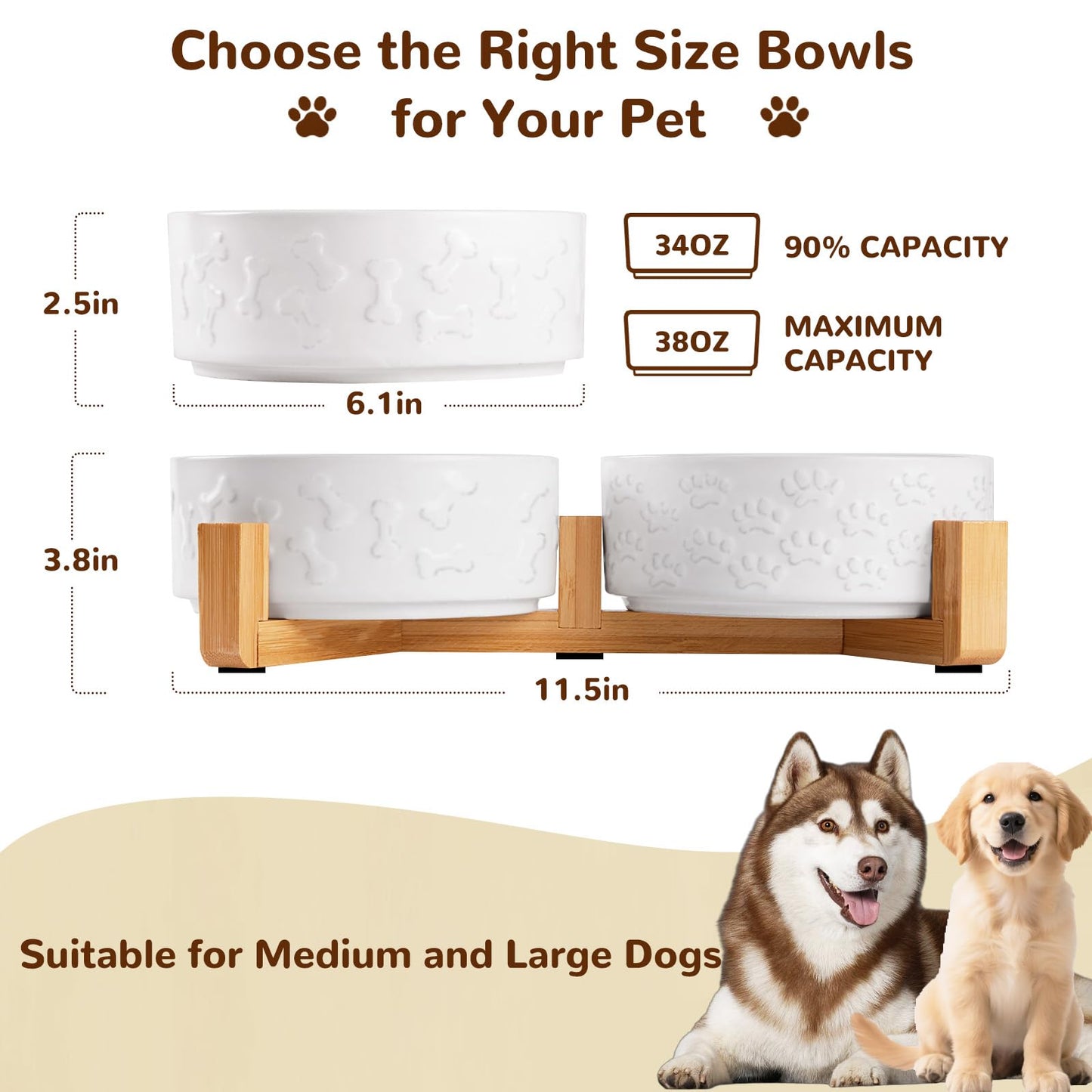 XIHAN Dog Bowls Set with Wood Stand & Mat Waterproof, 3.5 Cups Ceramic Dog Bowls Elevated for Medium Dogs, Dual Food and Water Bowls with Weighted Non-Slip Base 28.7 OZ