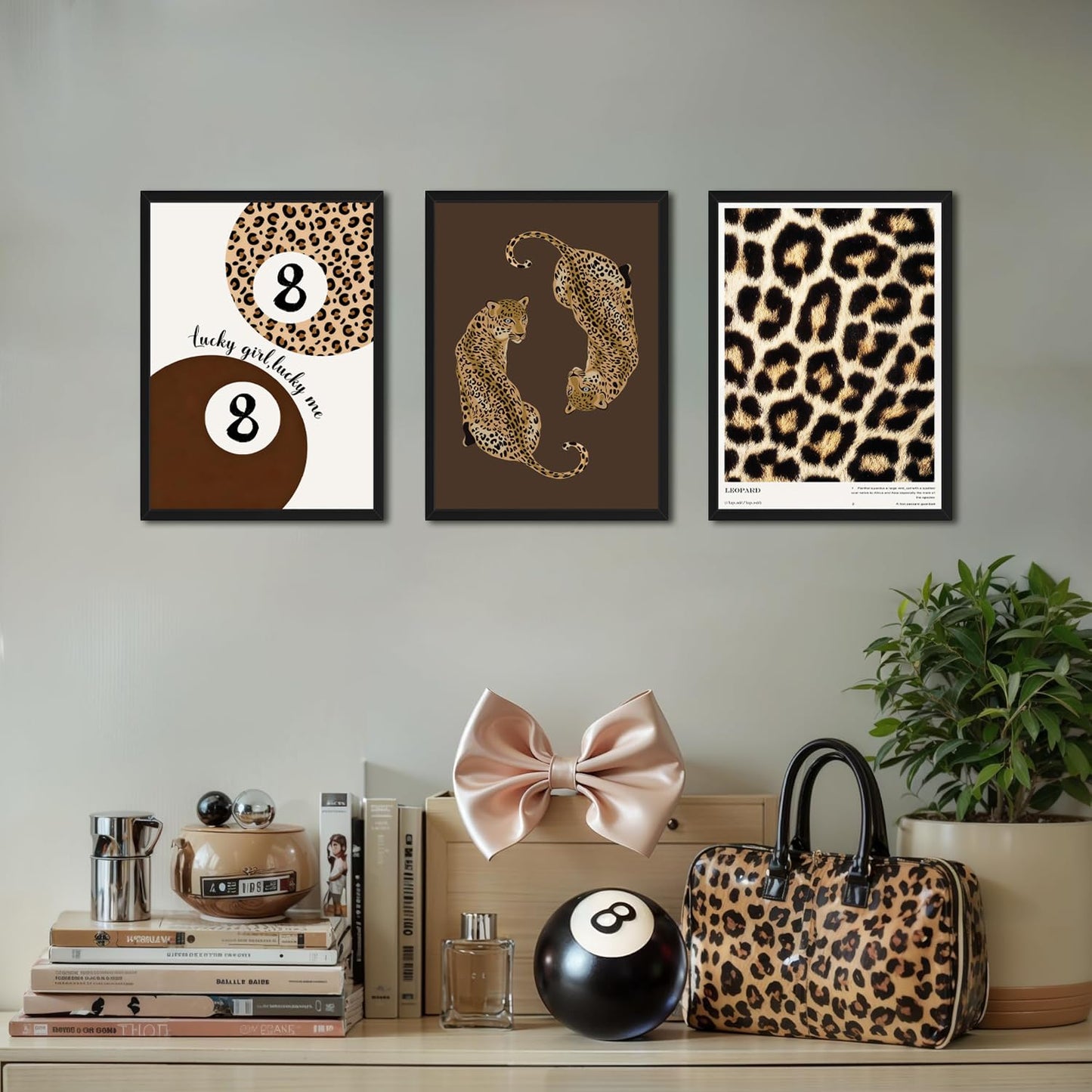 Framed Leopard Wall Art Set of 3, Preppy Cheetah and Lucky 8 Ball Canvas Prints, Trendy Y2K Girly Wall Decor for Teen Girls Bedroom, Bathroom, Dorm, Living Room, 12x16 Inch