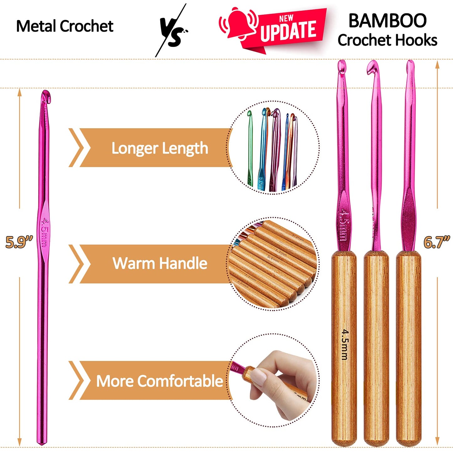 Coopay Bamboo Crochet Hooks Comfort Grip, 6.7" Crochet Kit Longer Aluminum Shaft Crochet Needles for Crocheting, Ergonomic Knitting Hooks Set for Crochet Yarn Craft, Premium Knitting Crochet Supplies