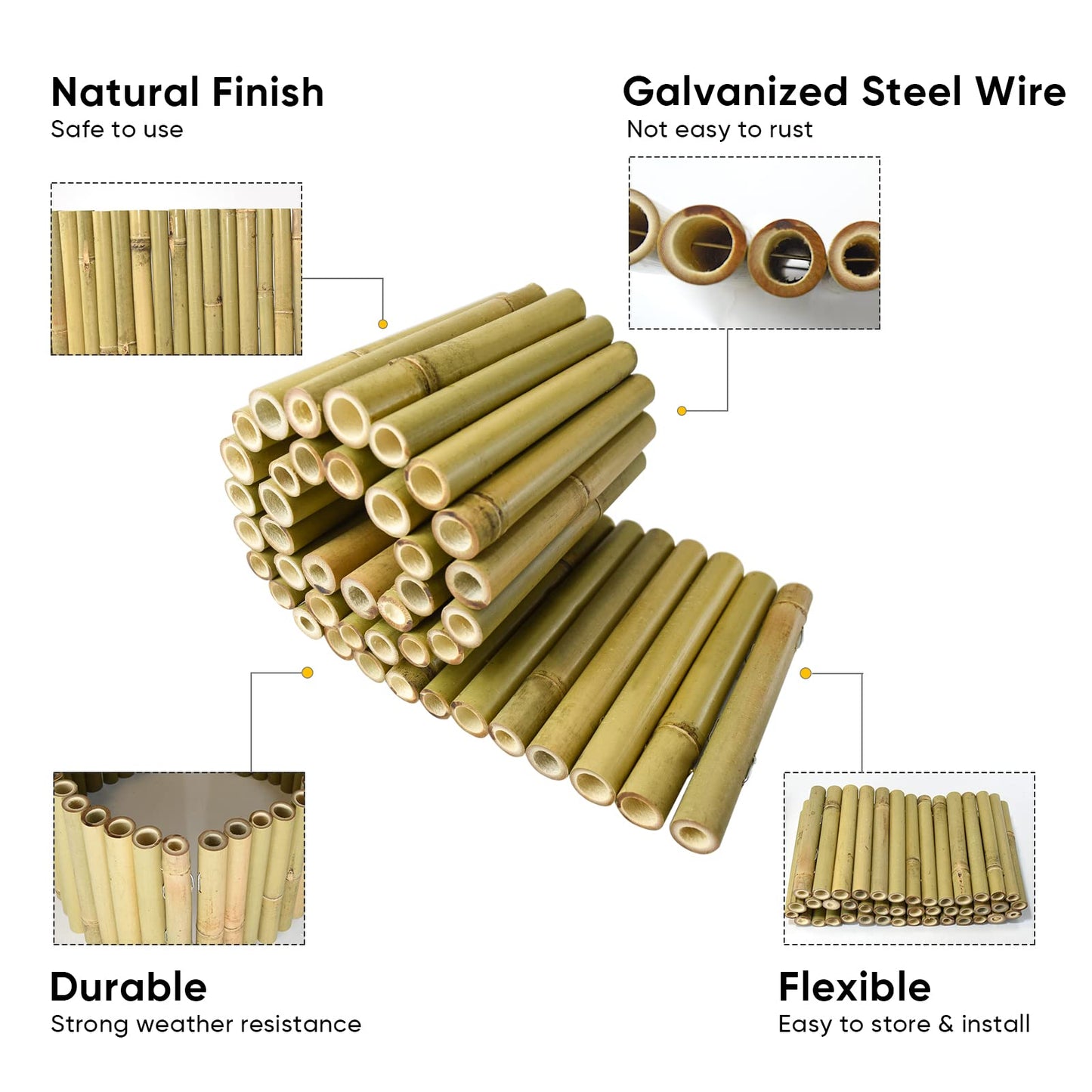 Jollybower 8x39IN Natural Bamboo Edging, Bamboo Garden Border Edging, Outdoor Landscape Edging for Decorative Garden, Patio Flower Garden Bed, Lawn, Yard, Pool Fences（1Pc with 3 Short Poles）