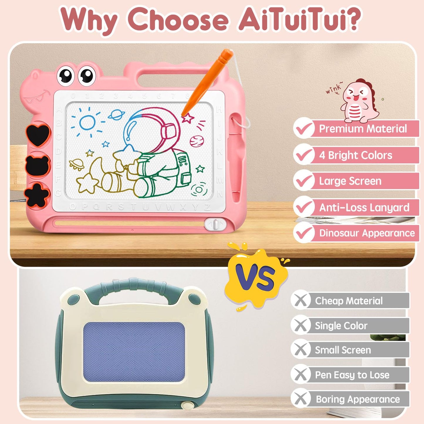 AiTuiTui Magnetic Drawing Board Toddler Toys Gift for Girls Boys, Color Sketch Writing Scribble Doodle Pad Travel Games, Educational Learning Kids Toys for Birthday or Easter (Pink)