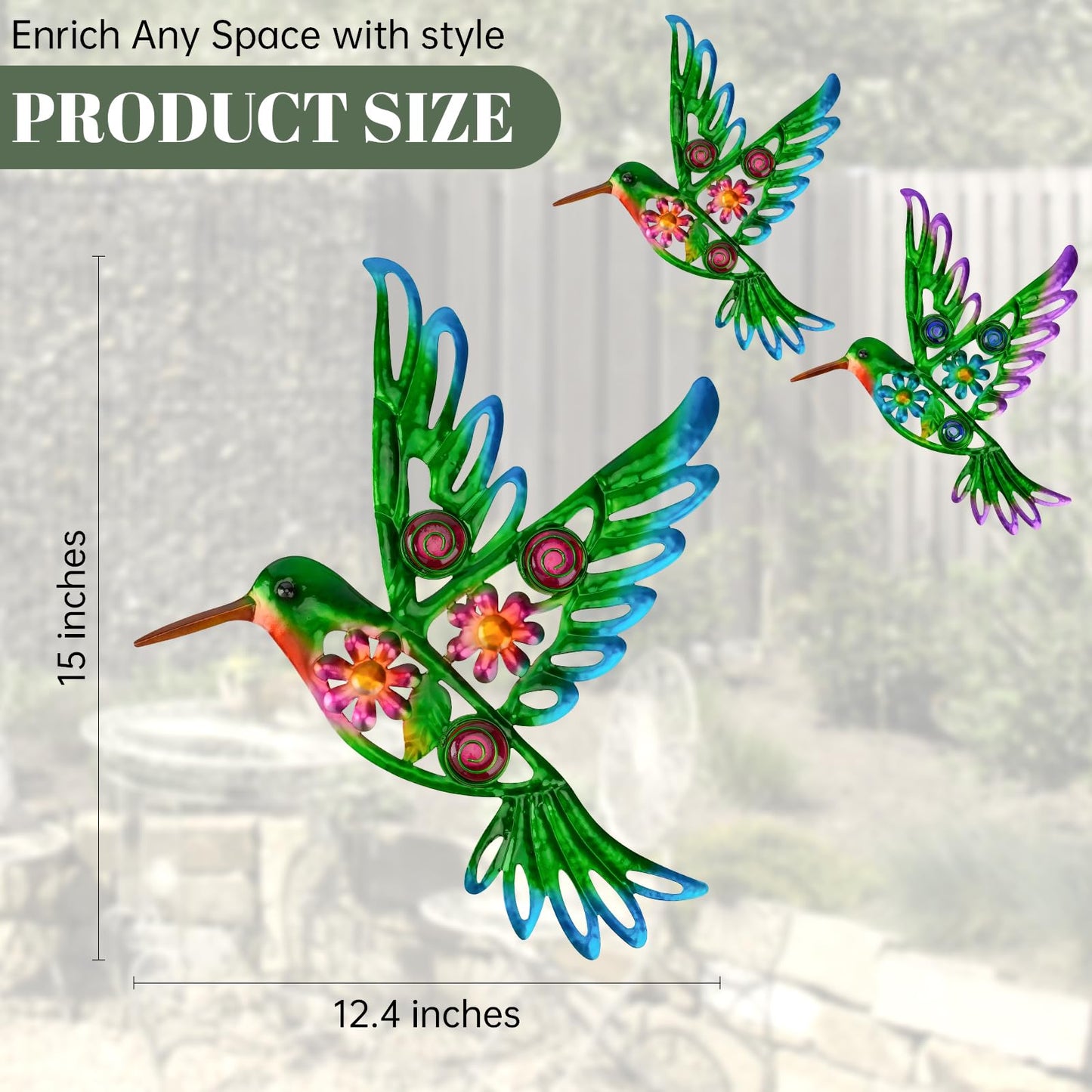 YIWEMON 2 Pack Metal/Glass Hummingbird Wall Decor, 12.4" Outdoor Fence Wall Art Decor, Wall Sculpture Hanging Decoration Perfect for Garden Yard Living Room Bedroom Patio Balcony