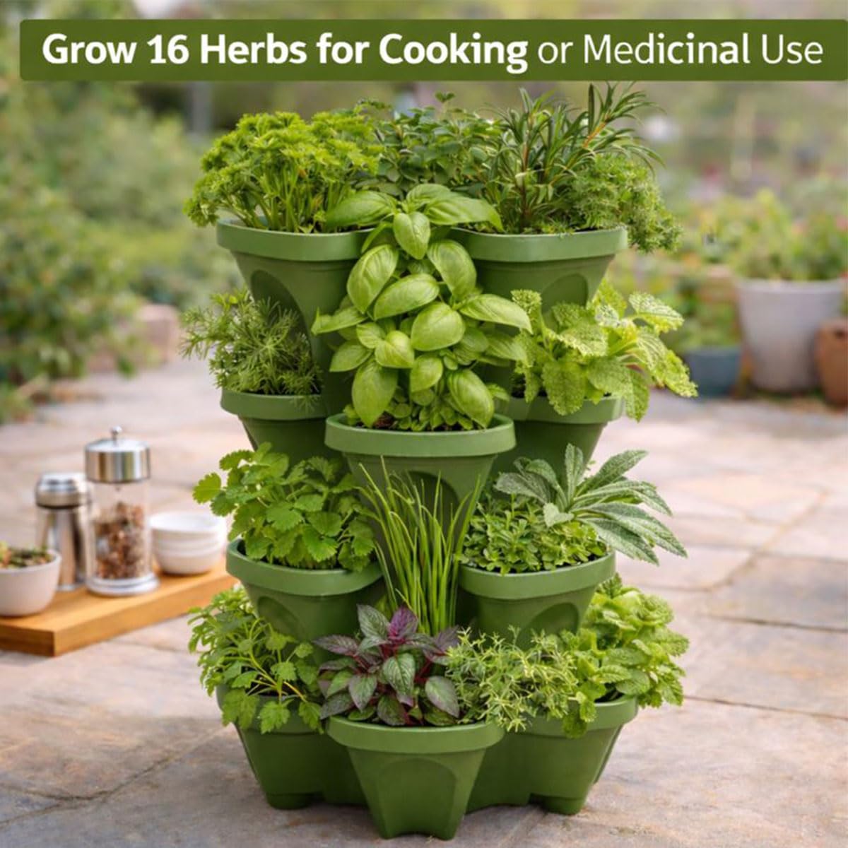Large Vertical Planter Tower, 4 Tier Stackable Garden Planter, 16 Plant Sites, Heavy Duty Strawberry Planter, Vertical Growing System with Center Hole, Made in USA (4, Sagebrush Green, Large)