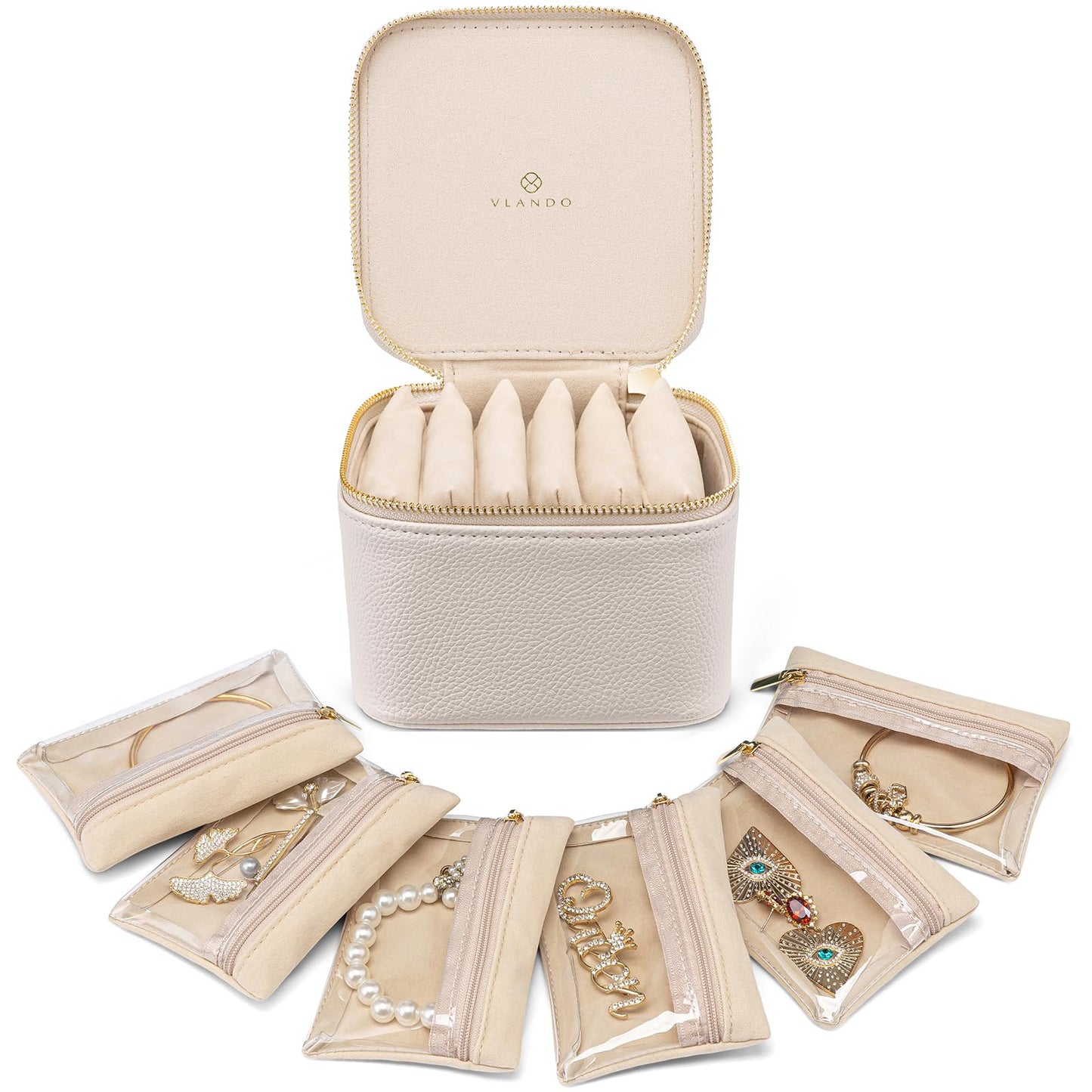 Vlando Small Jewelry Box Organizer,Travel Jewelry Storage with 6 Velvet Jewelry Zipper Pockets,Premium Petal Hardware Jewelry Case for Women Girls Valentines Day Gifts for Self (White)