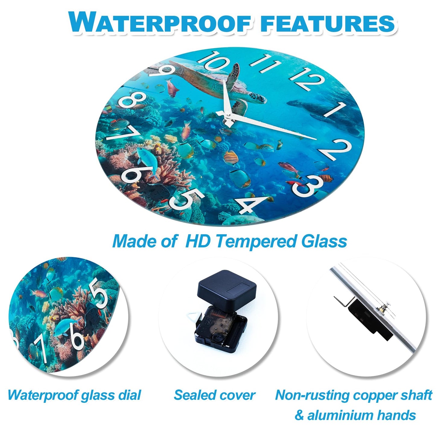 Crosstime Outdoor Clock Waterproof - 12" Sea Turtle Blue Ocean Beach Coastal Decor Indoor Outdoor Wall Clock for Patio, Pool, Garden, Backyard, Bathroom